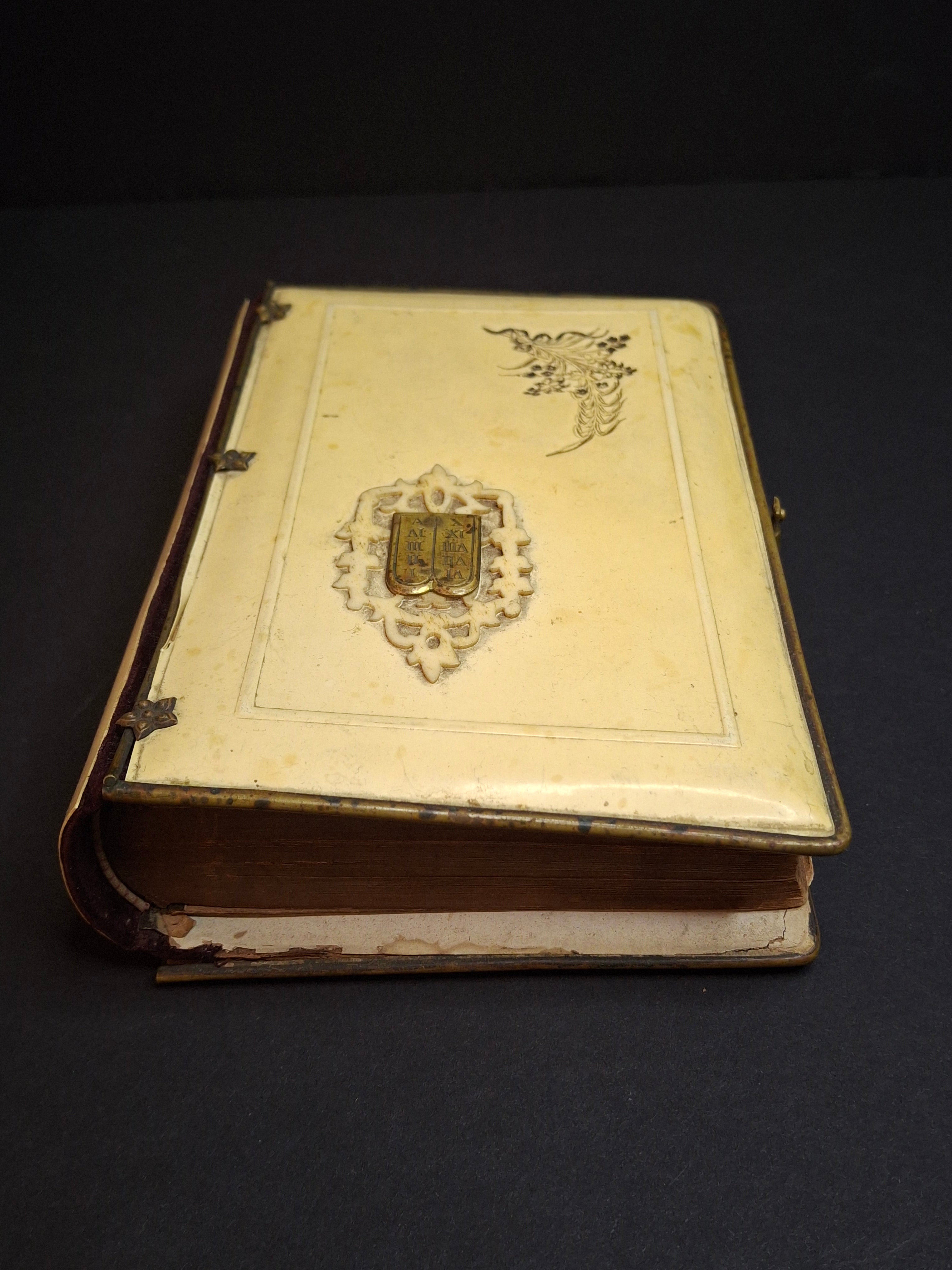 1893 Antique Jewish Prayer Book Siddur Celluloid Bone Brass and Velvet Cover Clasp Kauffmann Judaica