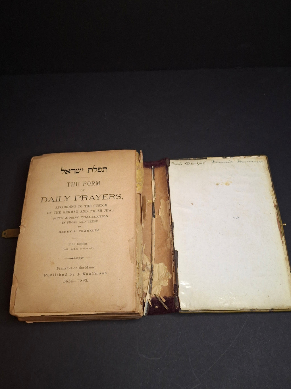 1893 Antique Jewish Prayer Book Siddur Celluloid Bone Brass and Velvet Cover Clasp Kauffmann Judaica