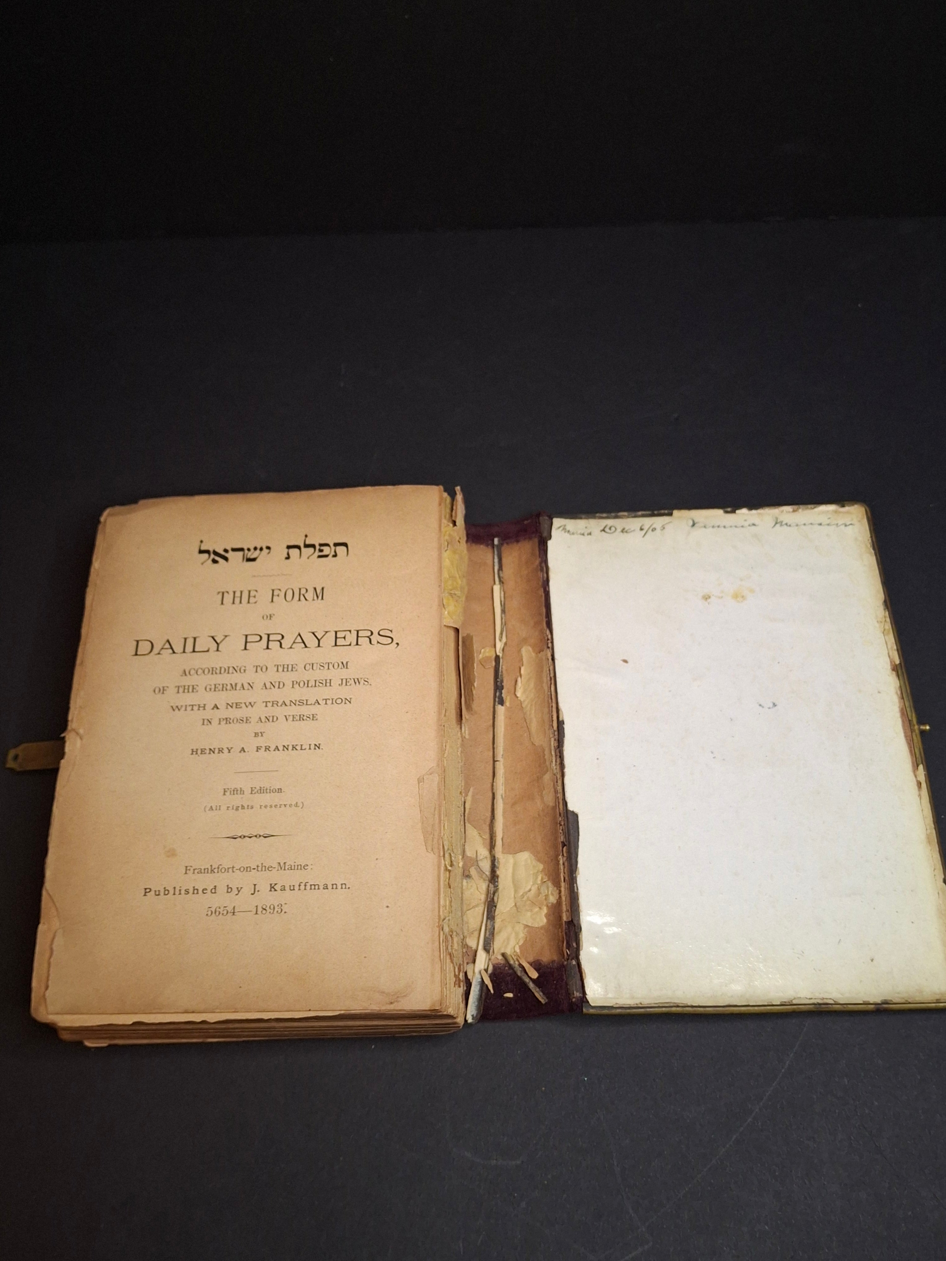 1893 Antique Jewish Prayer Book Siddur Celluloid Bone Brass and Velvet Cover Clasp Kauffmann Judaica
