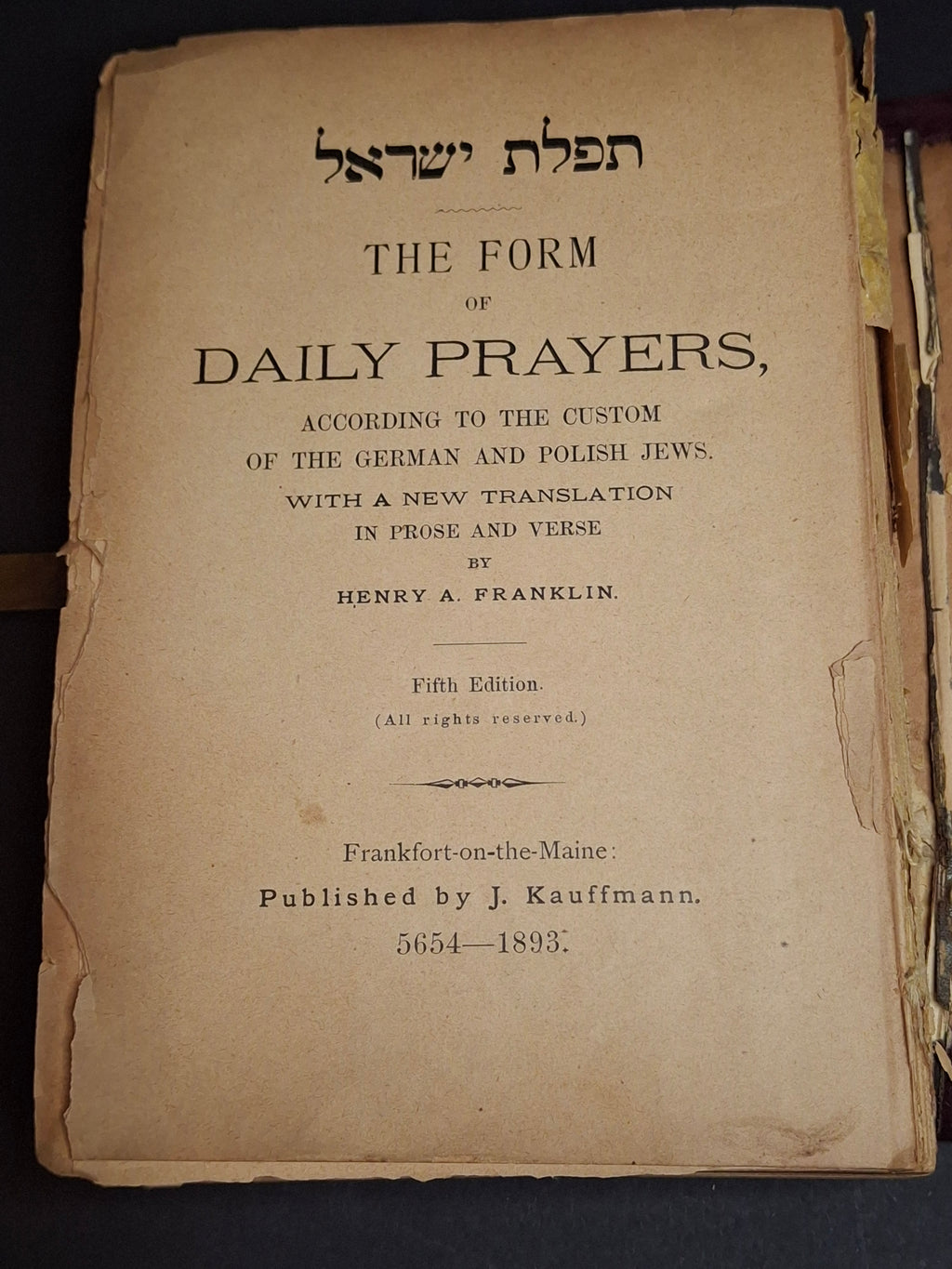 1893 Antique Jewish Prayer Book Siddur Celluloid Bone Brass and Velvet Cover Clasp Kauffmann Judaica