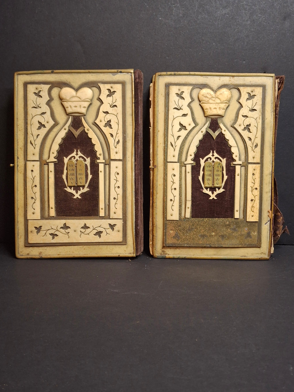 Antique 1893 Vienna Machzor Set Rosh Hashanah Yom Kippur Bone Brass Velvet Binding