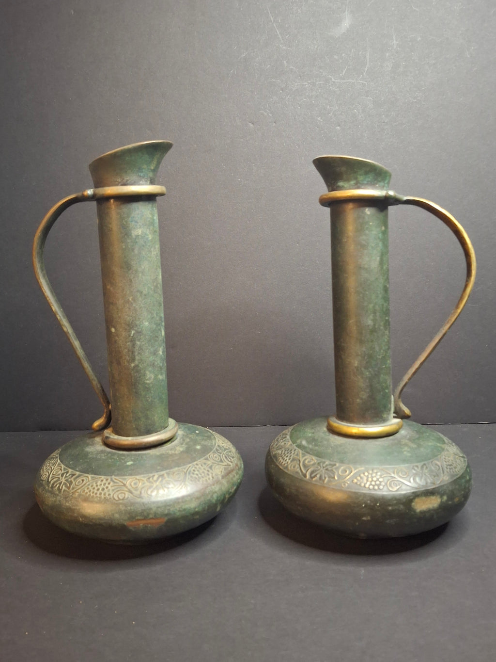 Pair Vintage Pal-Bell Maurice Ascalon Bronze Ewers Jugs Pitchers Grape Motif Israel