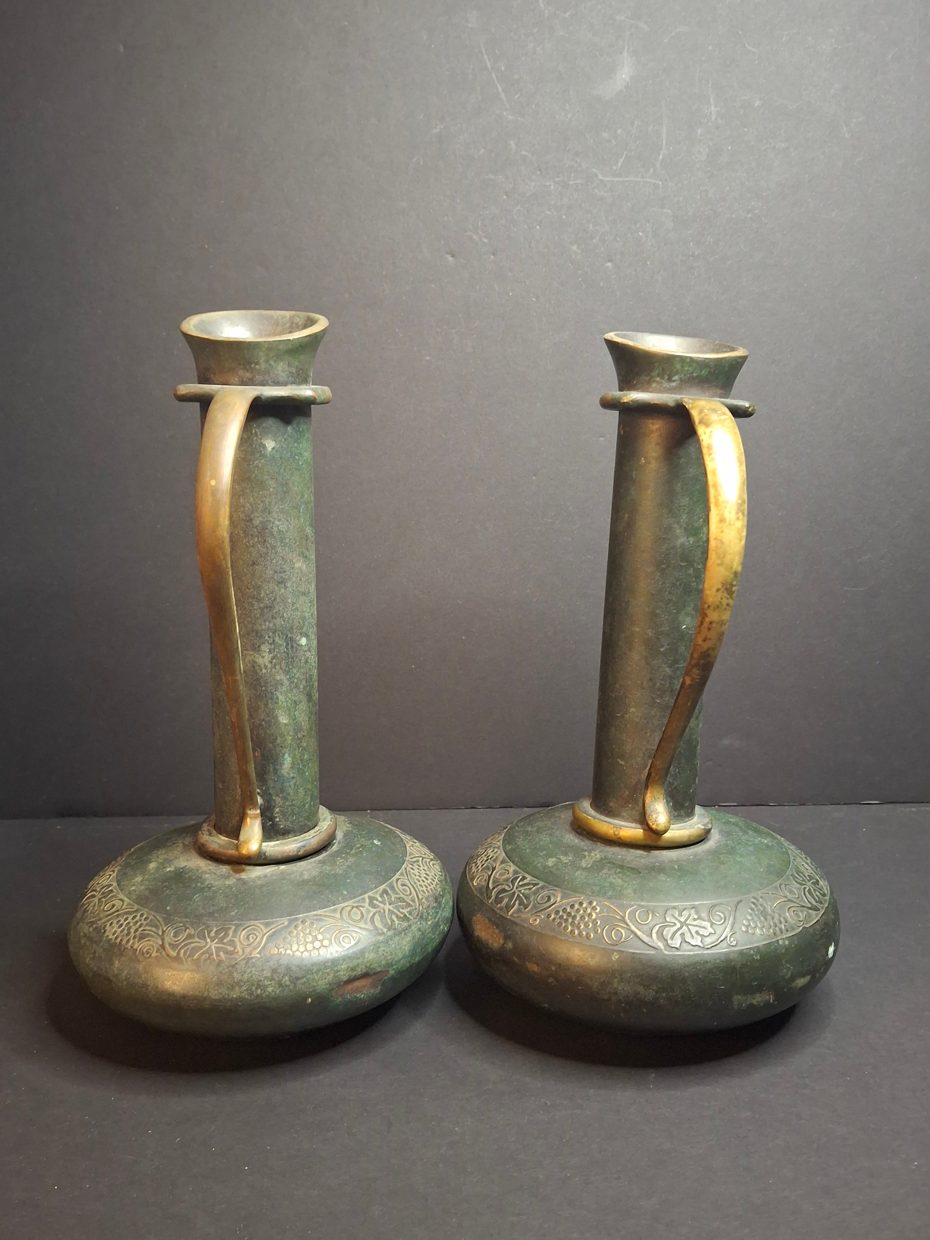 Pair Vintage Pal-Bell Maurice Ascalon Bronze Ewers Jugs Pitchers Grape Motif Israel