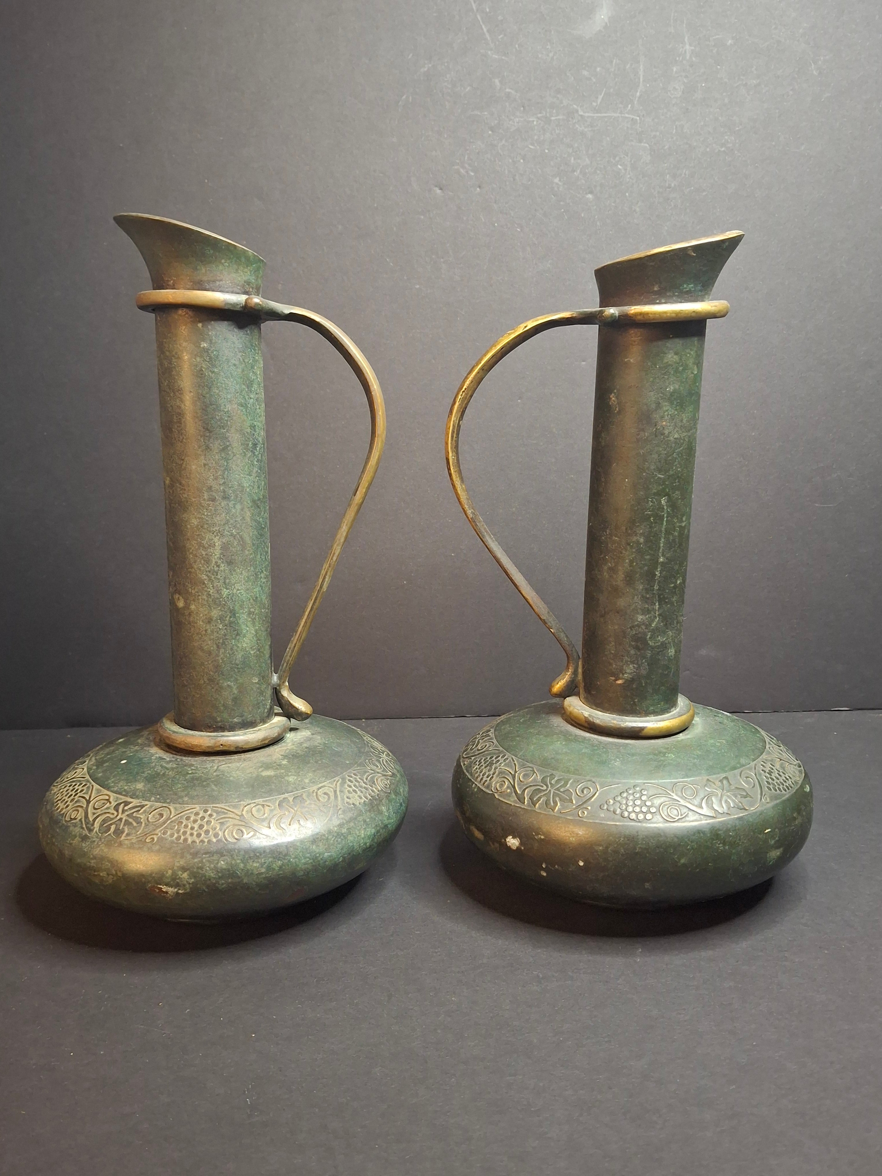 Pair Vintage Pal-Bell Maurice Ascalon Bronze Ewers Jugs Pitchers Grape Motif Israel