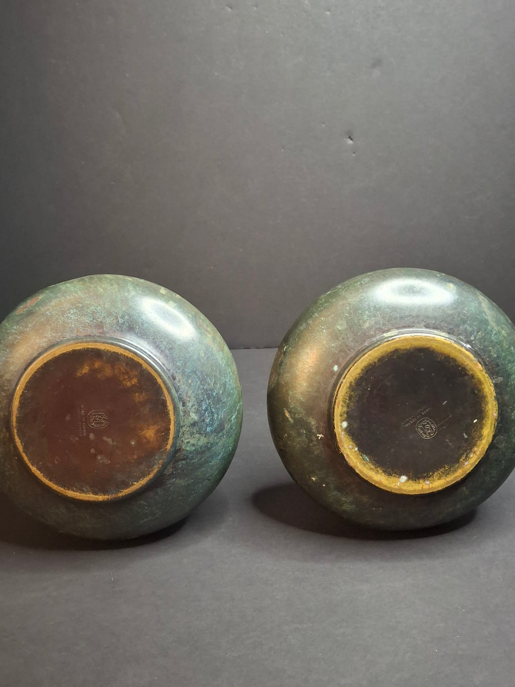 Pair Vintage Pal-Bell Maurice Ascalon Bronze Ewers Jugs Pitchers Grape Motif Israel