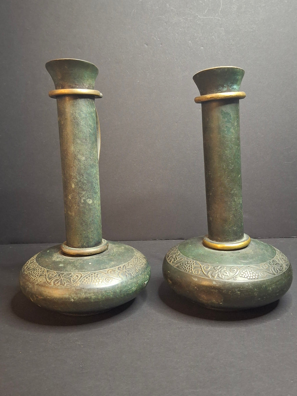 Pair Vintage Pal-Bell Maurice Ascalon Bronze Ewers Jugs Pitchers Grape Motif Israel