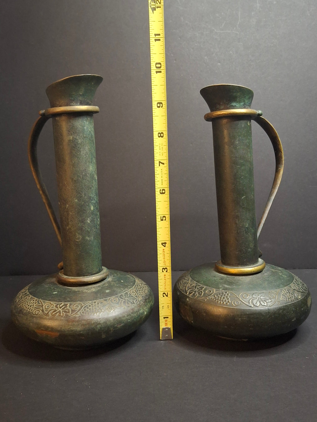 Pair Vintage Pal-Bell Maurice Ascalon Bronze Ewers Jugs Pitchers Grape Motif Israel