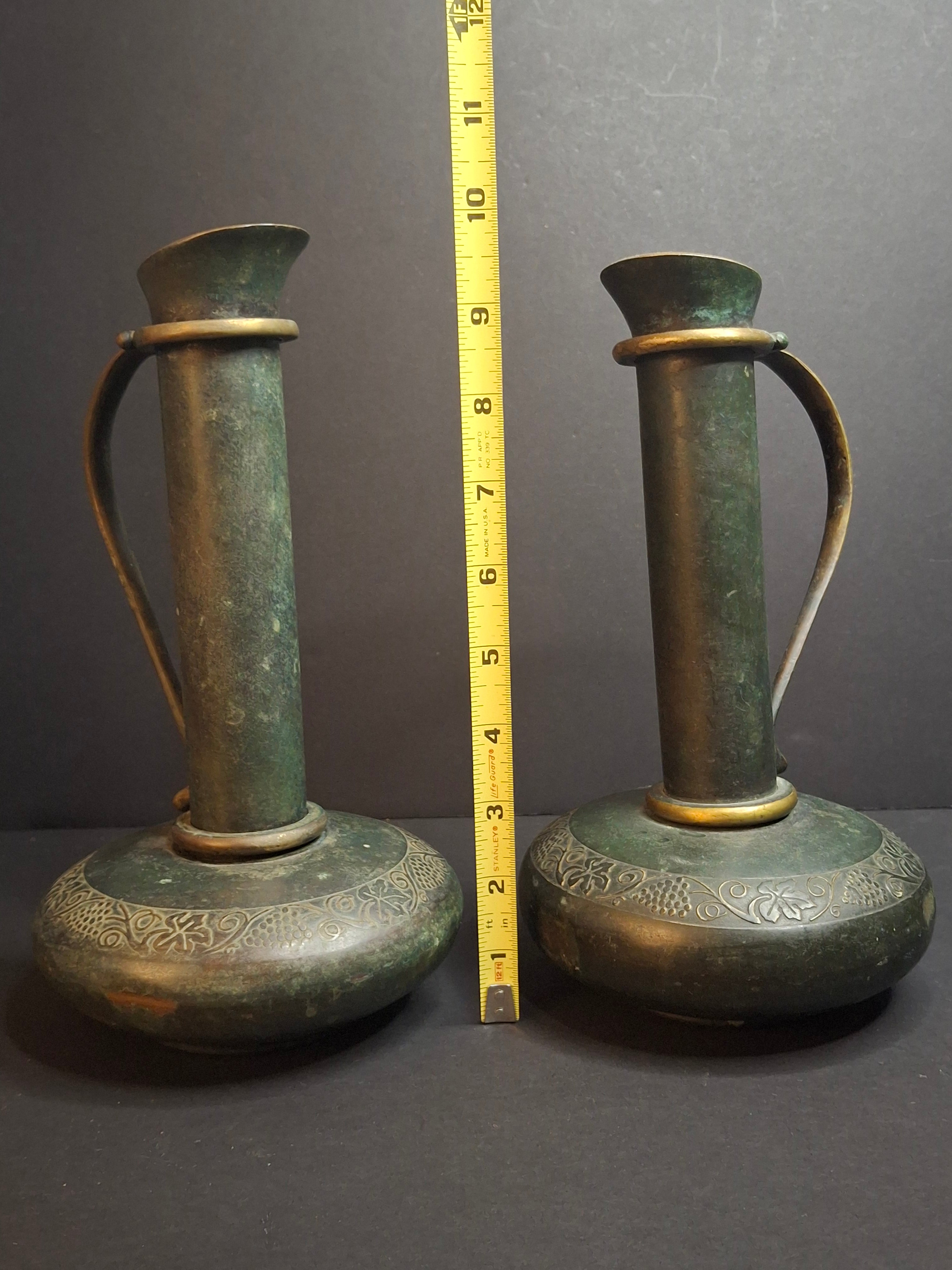 Pair Vintage Pal-Bell Maurice Ascalon Bronze Ewers Jugs Pitchers Grape Motif Israel