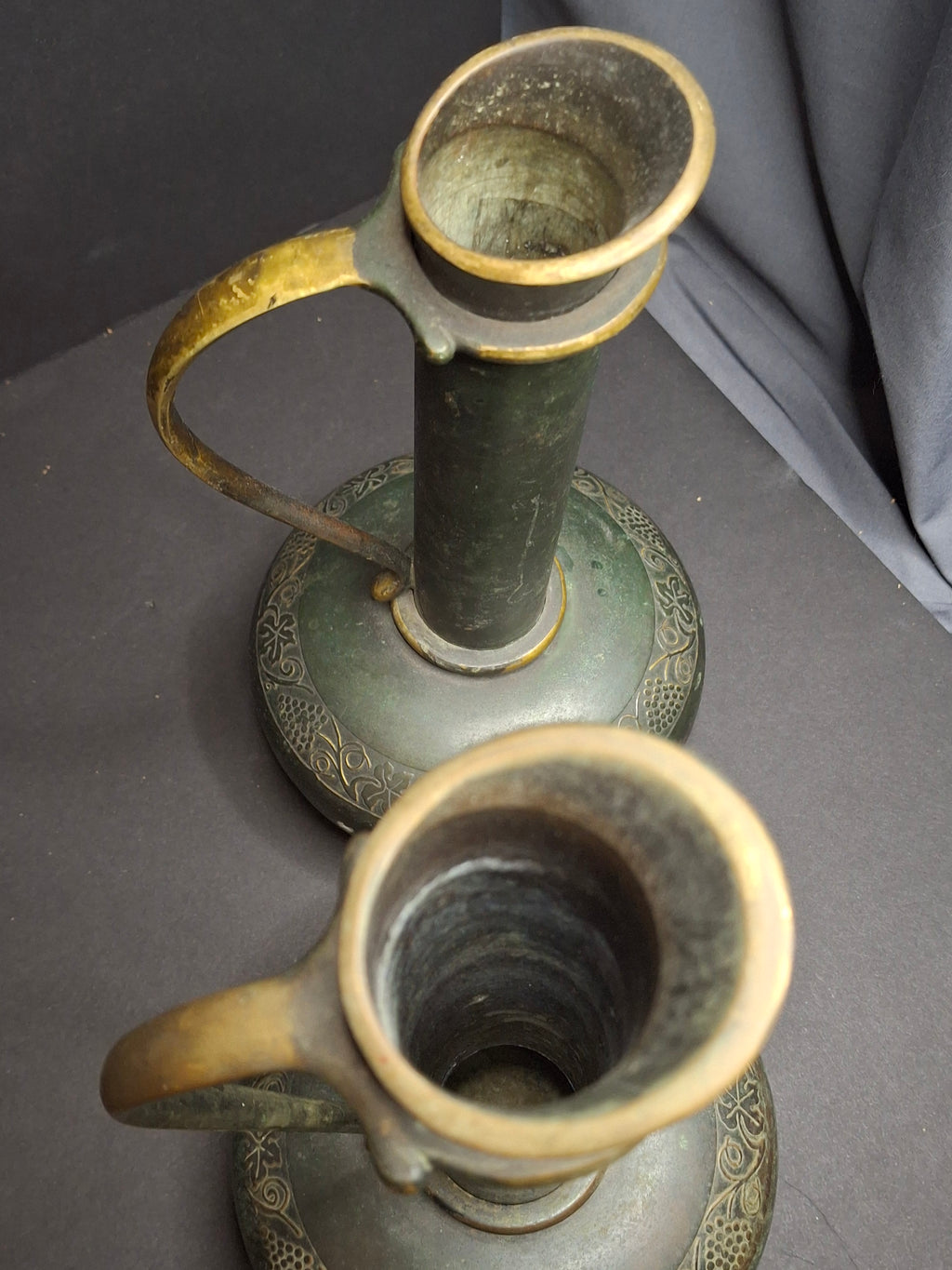 Pair Vintage Pal-Bell Maurice Ascalon Bronze Ewers Jugs Pitchers Grape Motif Israel
