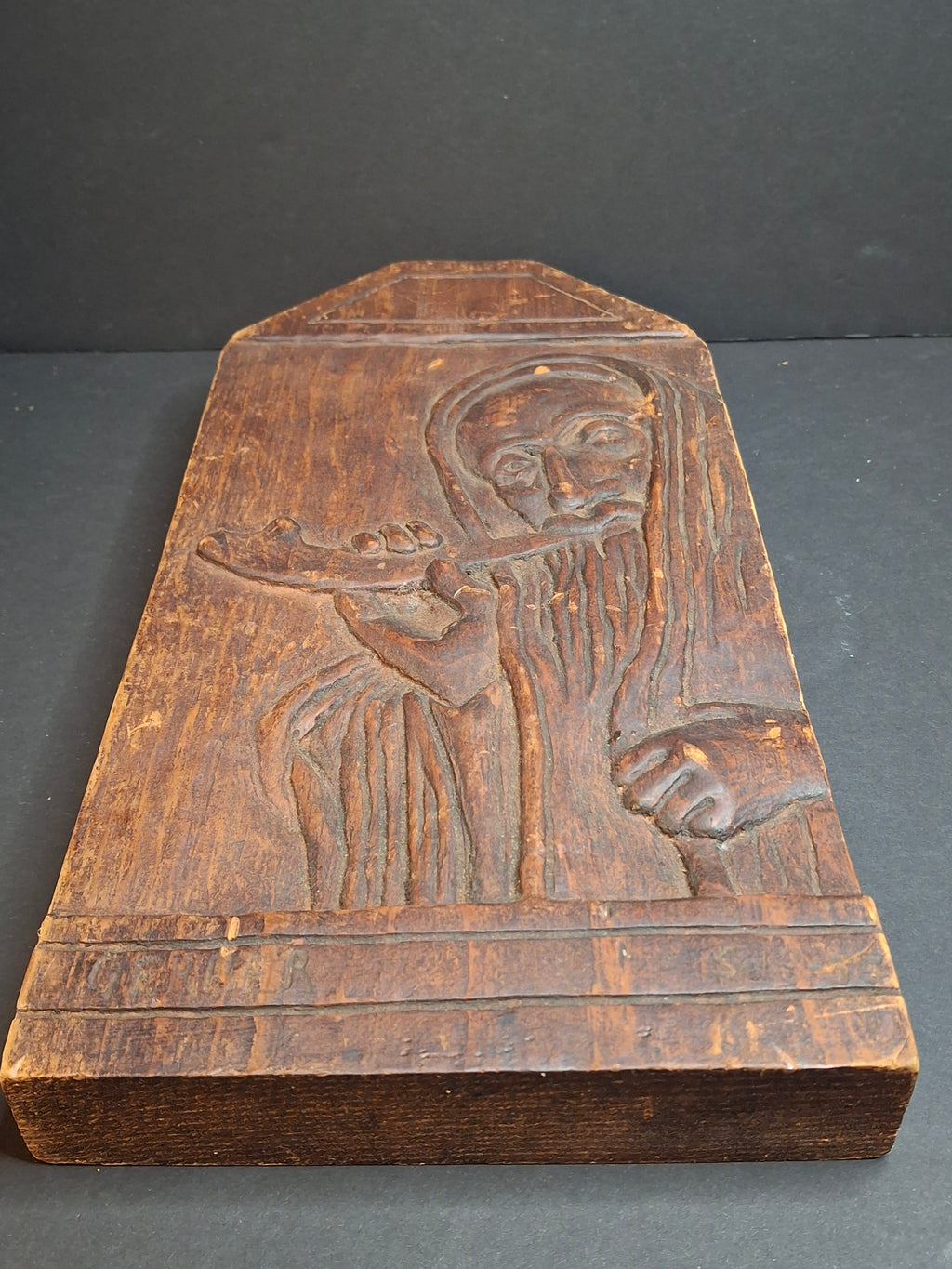 Vintage Hand Carved Wood Judaica Relief Plaque Rabbi Shofar Signed Gerber 1955