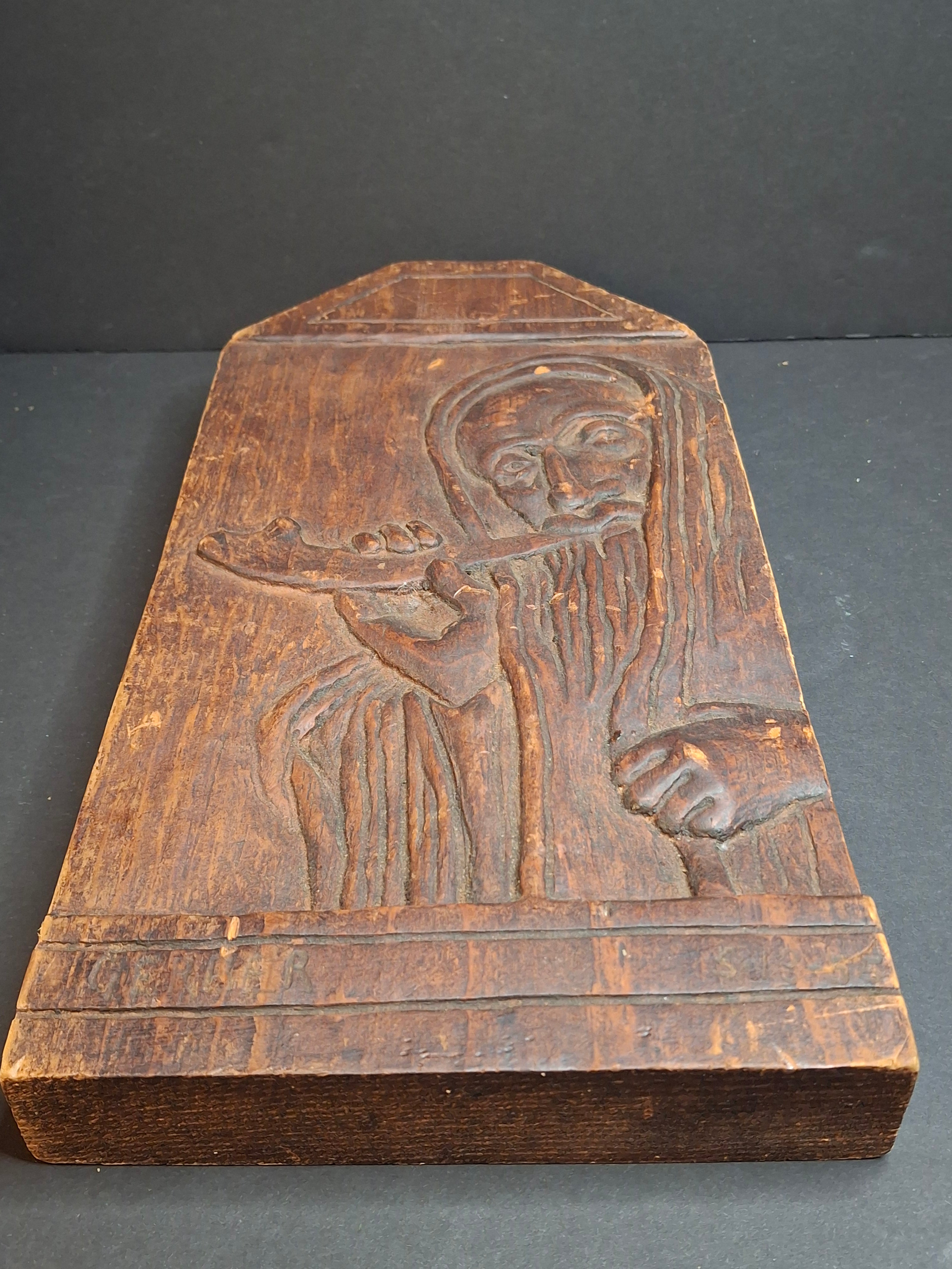 Vintage Hand Carved Wood Judaica Relief Plaque Rabbi Shofar Signed Gerber 1955
