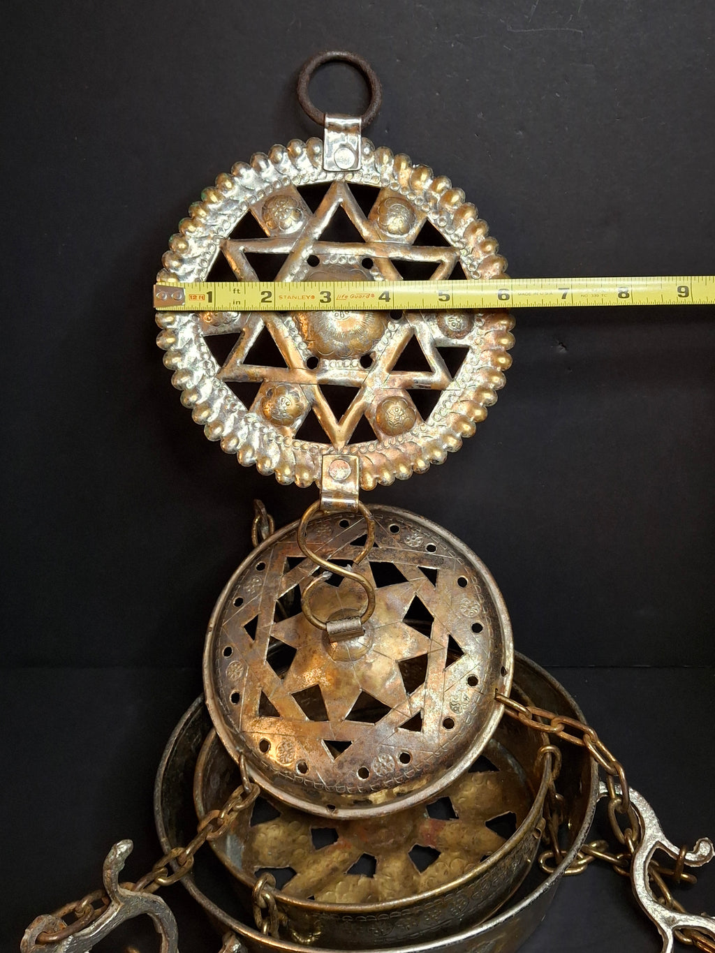 Late 19th Century Judaica Silver Plated Bronze Ner Tamid Synagogue Memorial Hanging Lamp Frame