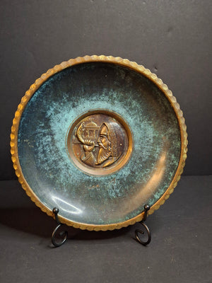 Vintage Pal-Bell Israel Brass Rabbi Blowing Shofar Plate Scalloped Wall Plaque