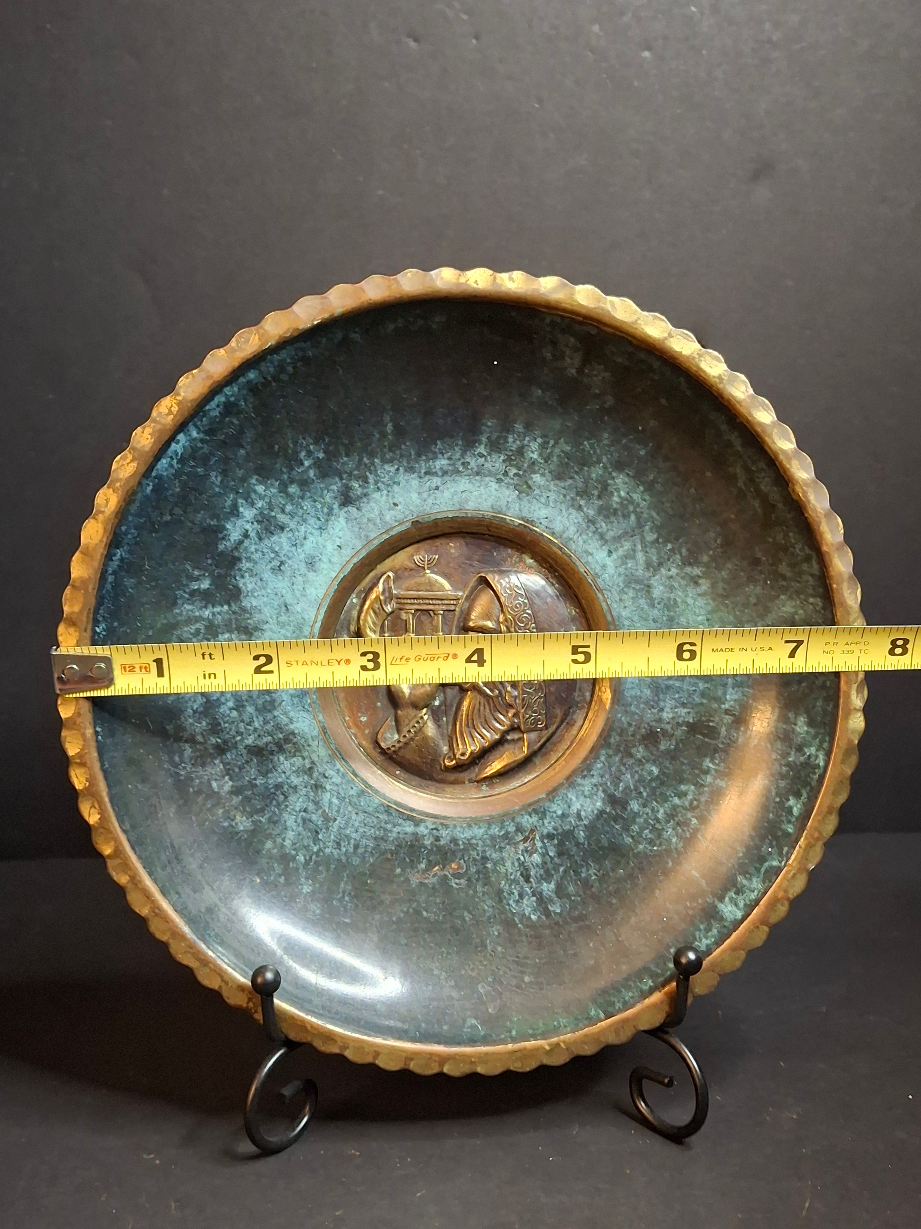 Vintage Pal-Bell Israel Brass Rabbi Blowing Shofar Plate Scalloped Wall Plaque