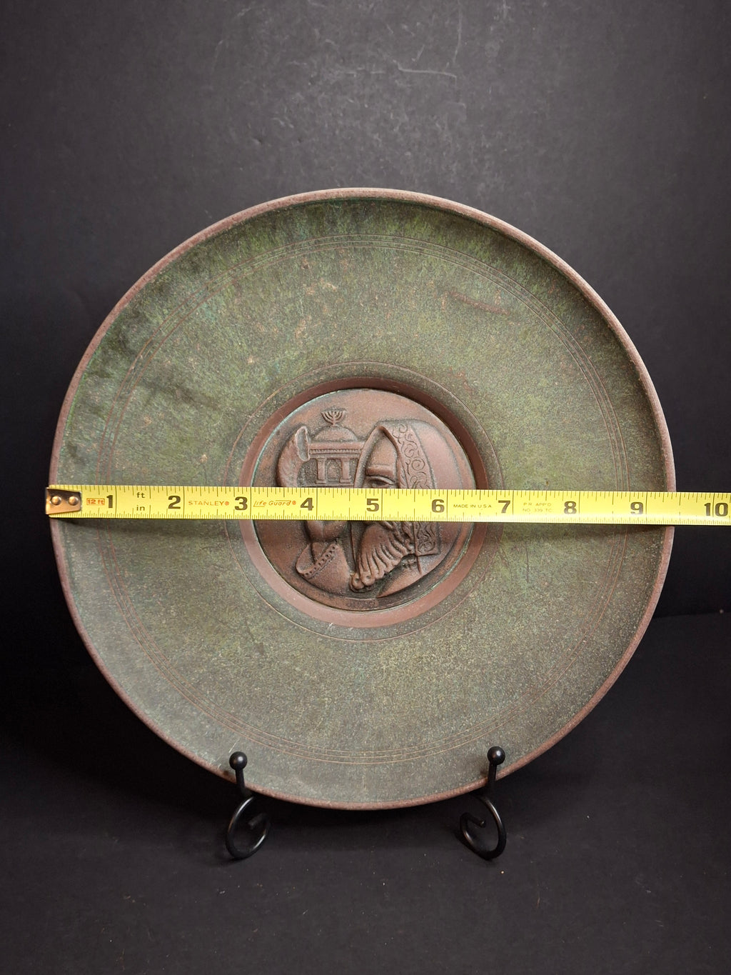 Vintage 1950s Heavy Pal-Bell Israel Verdigris Brass 9.5" Wall Plate Rabbi Shofar
