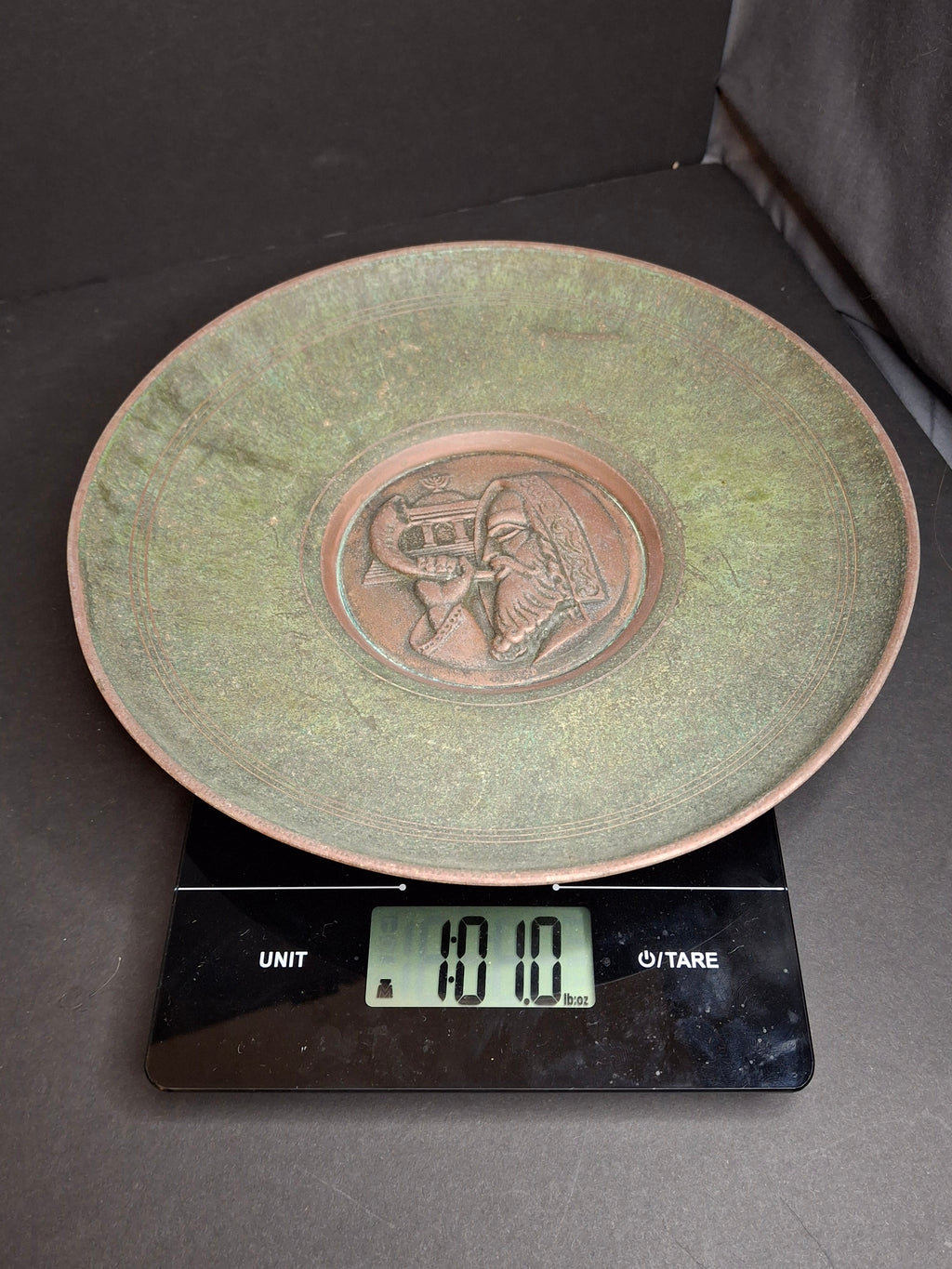 Vintage 1950s Heavy Pal-Bell Israel Verdigris Brass 9.5" Wall Plate Rabbi Shofar