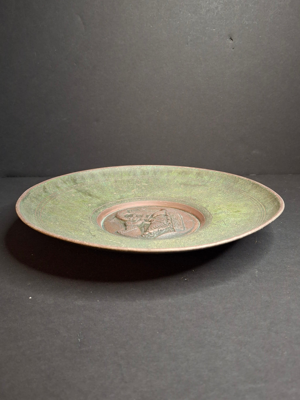 Vintage 1950s Heavy Pal-Bell Israel Verdigris Brass 9.5" Wall Plate Rabbi Shofar