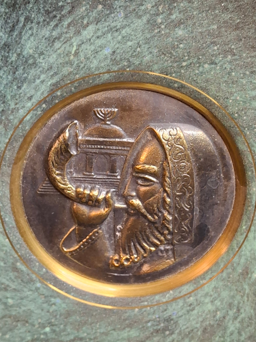Pair Mid Century Pal Bell Israel Bronze Wall Plates Shofar and Harvest Maurice Ascalon Judaica 9.5"