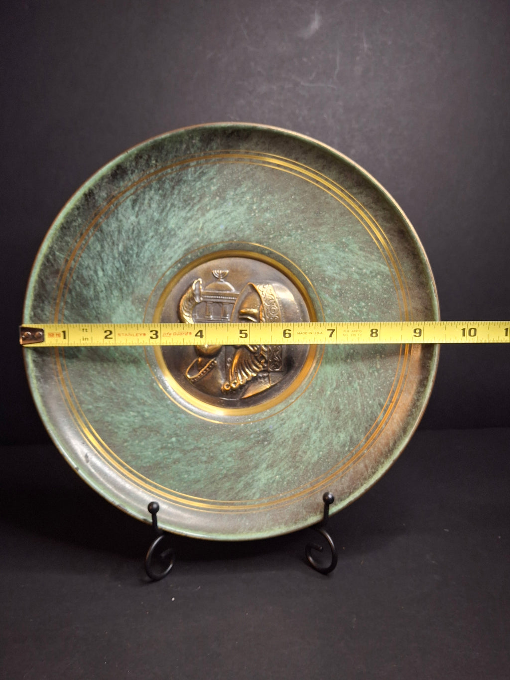 Pair Mid Century Pal Bell Israel Bronze Wall Plates Shofar and Harvest Maurice Ascalon Judaica 9.5"