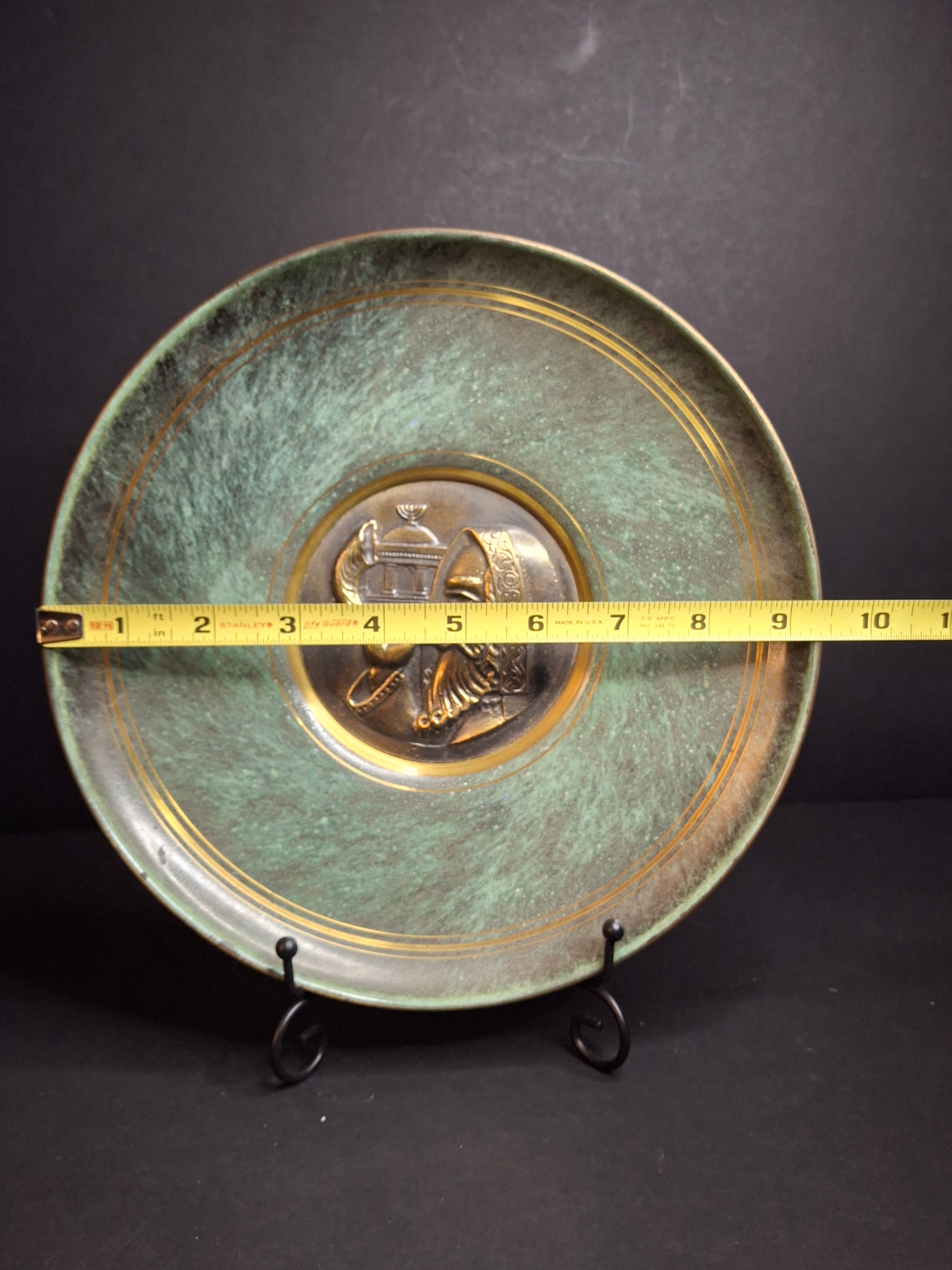 Pair Mid Century Pal Bell Israel Bronze Wall Plates Shofar and Harvest Maurice Ascalon Judaica 9.5"