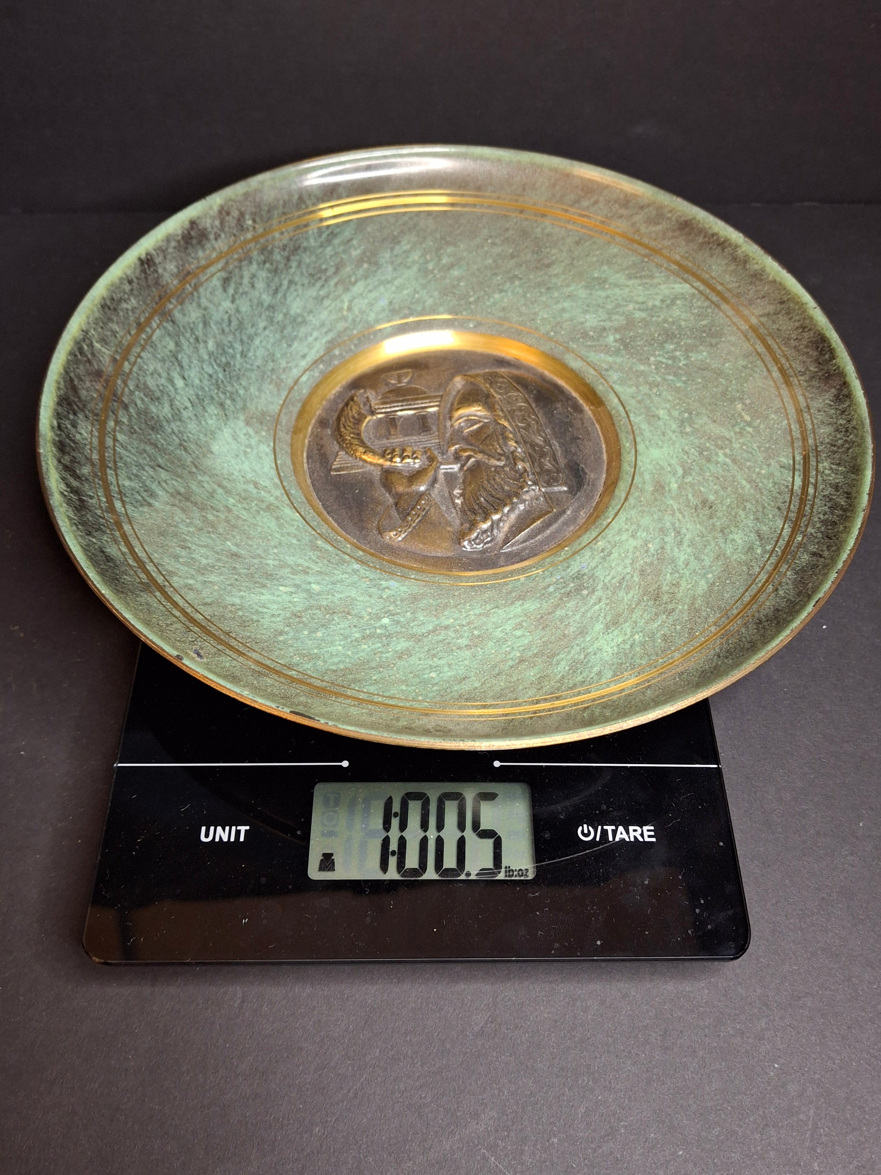 Pair Mid Century Pal Bell Israel Bronze Wall Plates Shofar and Harvest Maurice Ascalon Judaica 9.5"