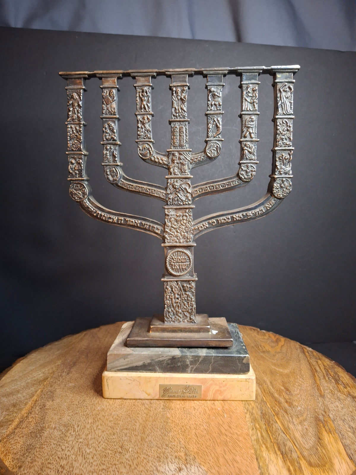 Yaacov Heller Sterling Silver Knesset Menorah Sculpture Tiered Marble Base 10"