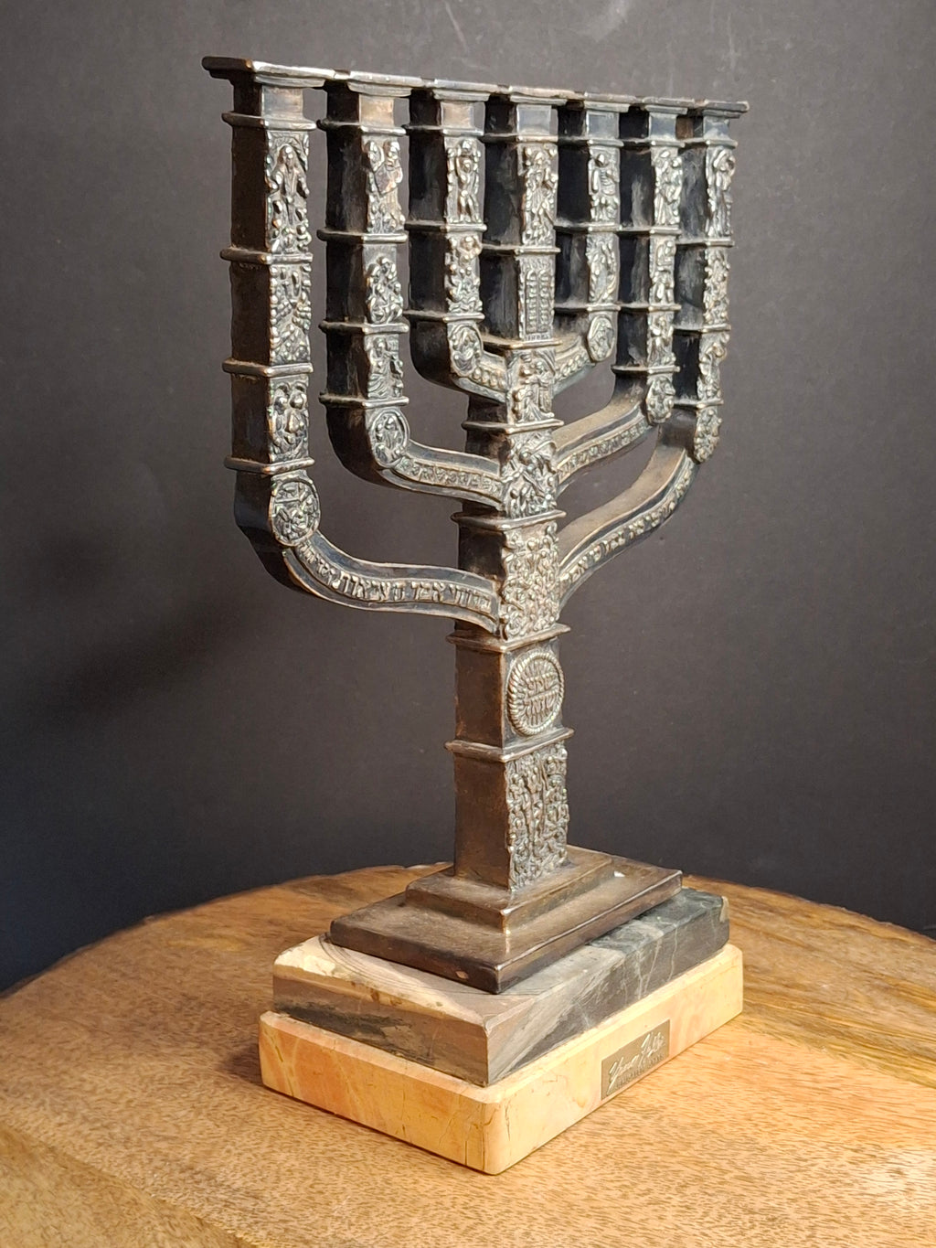 Yaacov Heller Sterling Silver Knesset Menorah Sculpture Tiered Marble Base 10"
