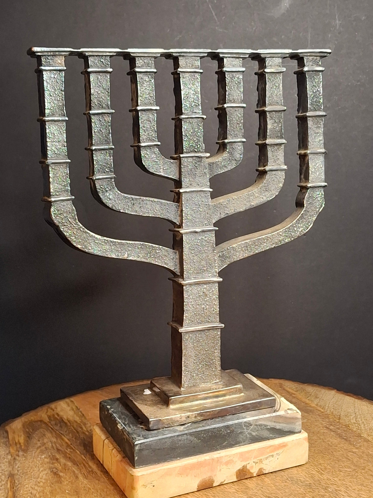 Yaacov Heller Sterling Silver Knesset Menorah Sculpture Tiered Marble Base 10"