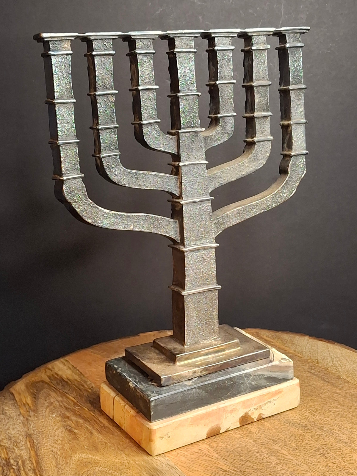 Yaacov Heller Sterling Silver Knesset Menorah Sculpture Tiered Marble Base 10"