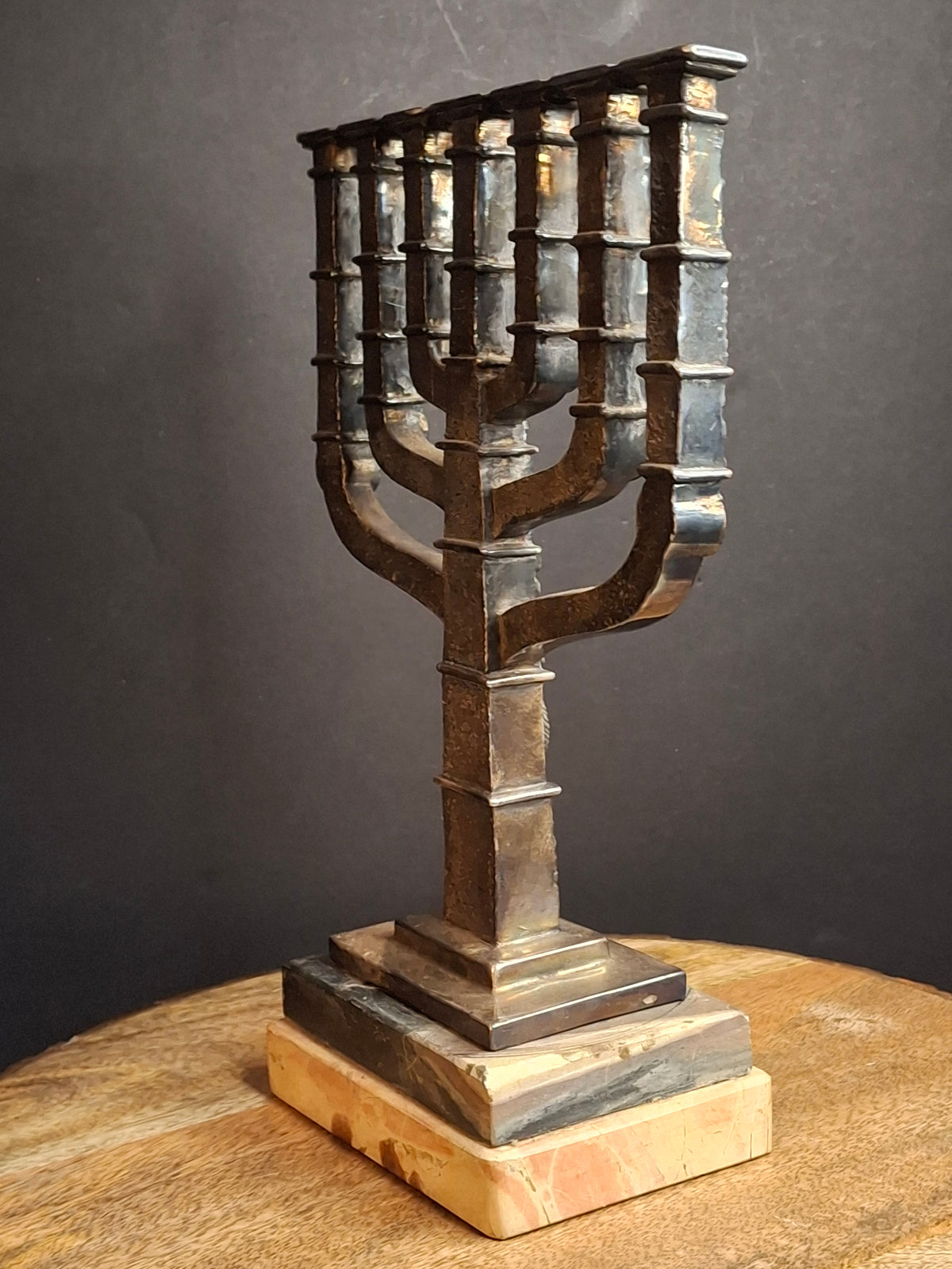 Yaacov Heller Sterling Silver Knesset Menorah Sculpture Tiered Marble Base 10"