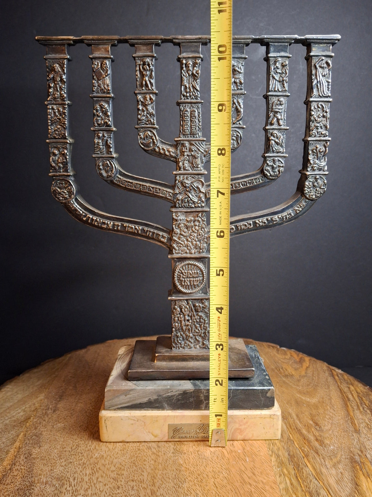 Yaacov Heller Sterling Silver Knesset Menorah Sculpture Tiered Marble Base 10"