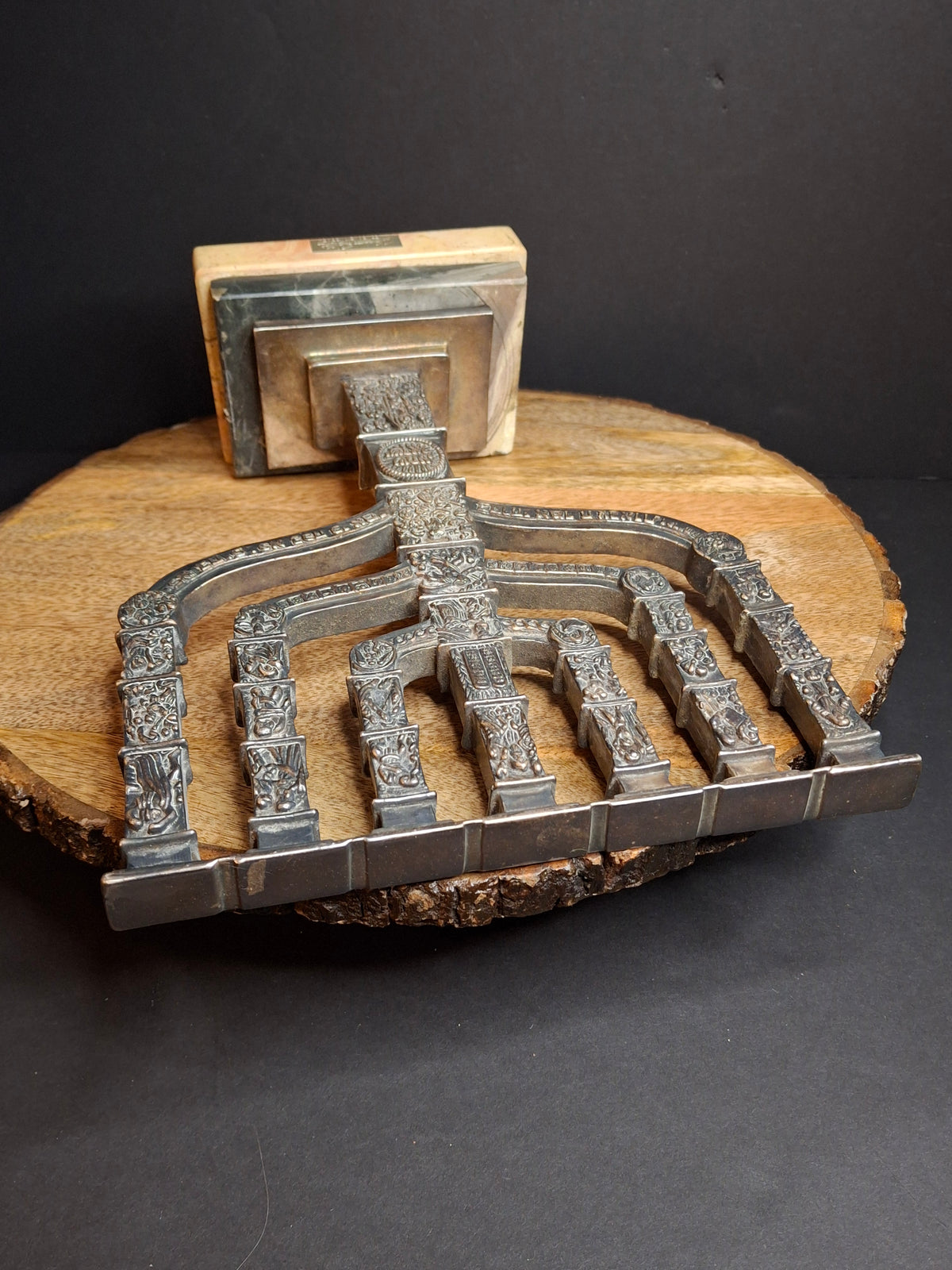 Yaacov Heller Sterling Silver Knesset Menorah Sculpture Tiered Marble Base 10"