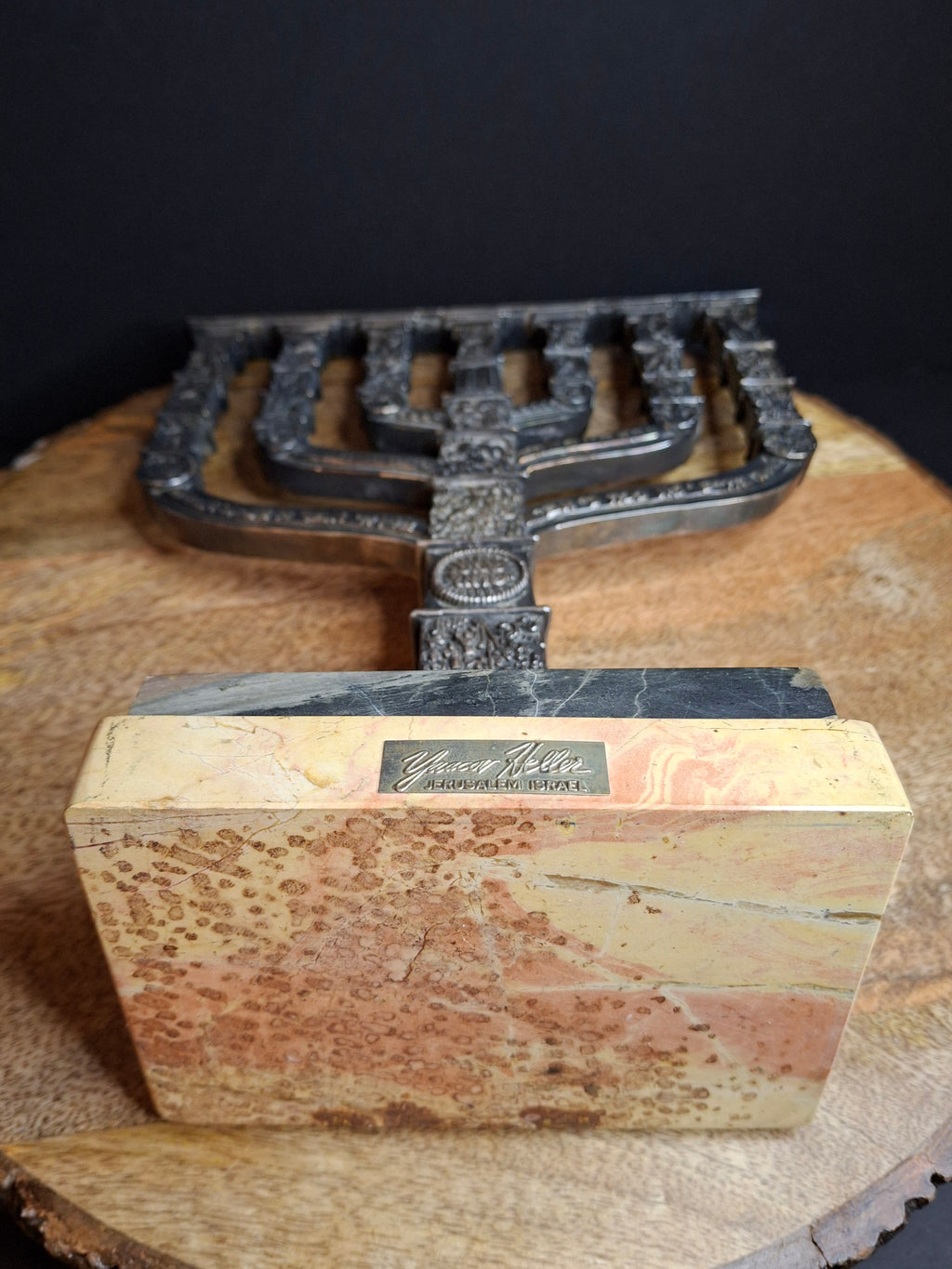 Yaacov Heller Sterling Silver Knesset Menorah Sculpture Tiered Marble Base 10"