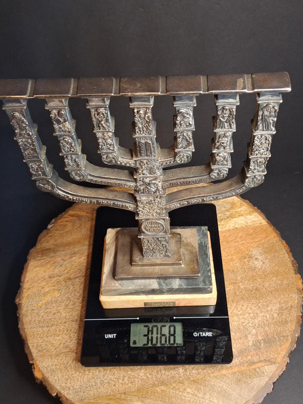 Yaacov Heller Sterling Silver Knesset Menorah Sculpture Tiered Marble Base 10"