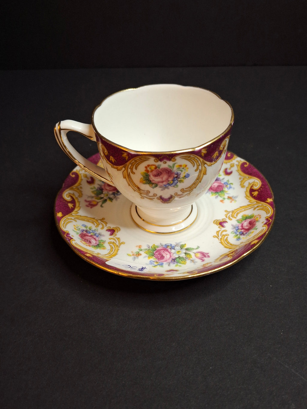Vintage ABJ Grafton China Tea Cup Saucer Set Cheltenham Pattern Burgundy Gold Floral c. 1935-1948