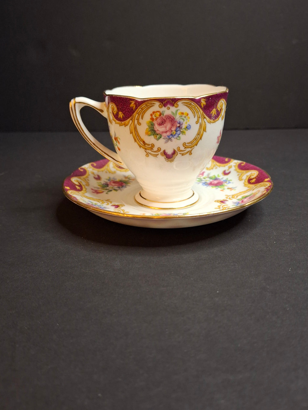 Vintage ABJ Grafton China Tea Cup Saucer Set Cheltenham Pattern Burgundy Gold Floral c. 1935-1948