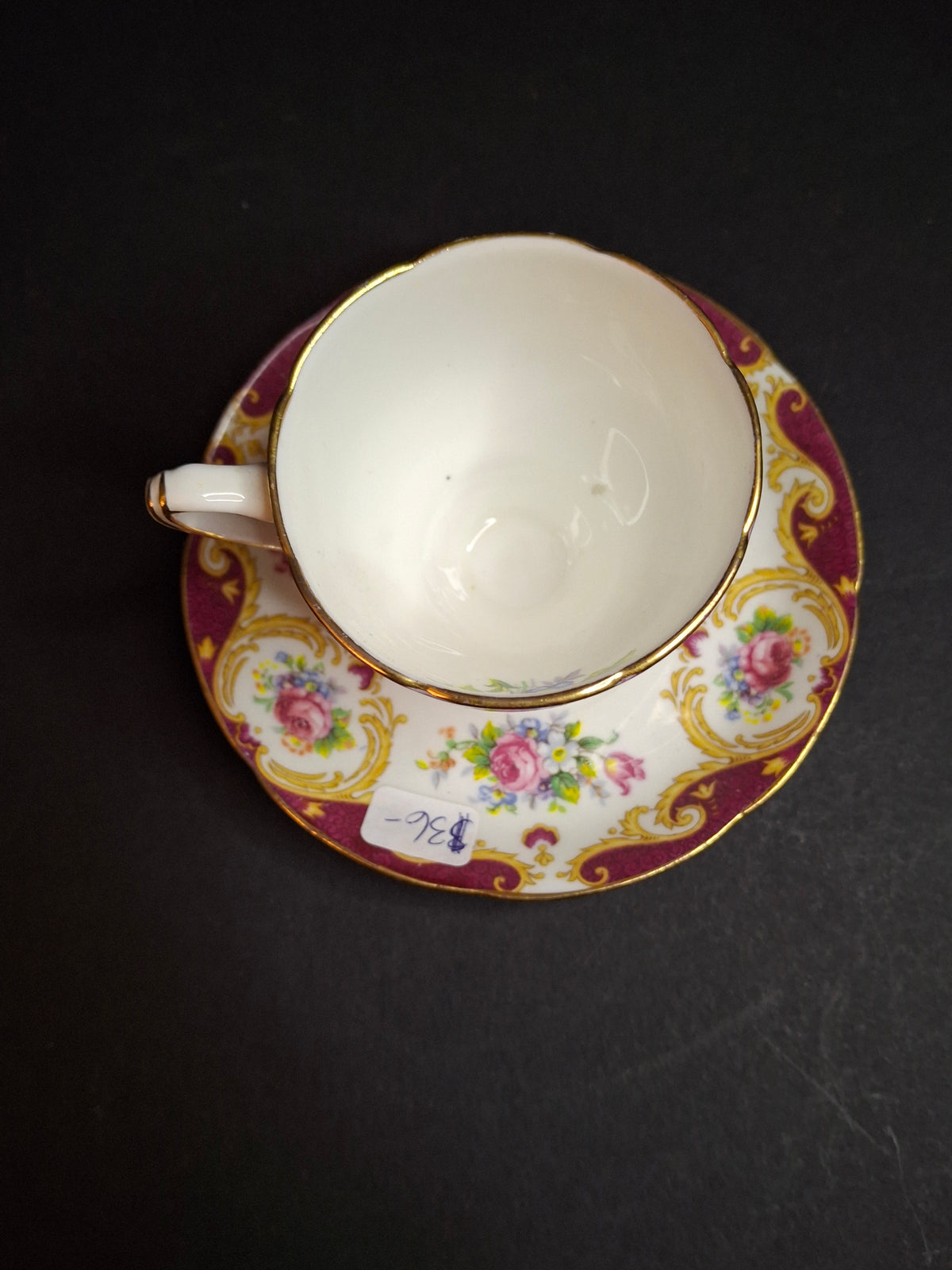 Vintage ABJ Grafton China Tea Cup Saucer Set Cheltenham Pattern Burgundy Gold Floral c. 1935-1948