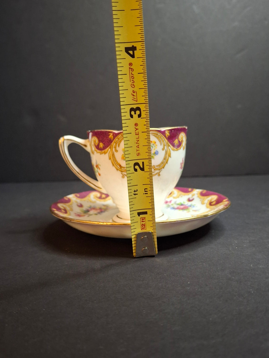 Vintage ABJ Grafton China Tea Cup Saucer Set Cheltenham Pattern Burgundy Gold Floral c. 1935-1948