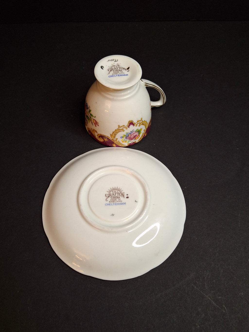 Vintage ABJ Grafton China Tea Cup Saucer Set Cheltenham Pattern Burgundy Gold Floral c. 1935-1948