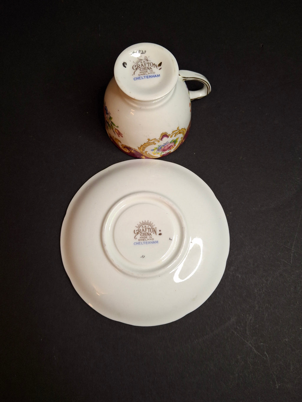 Vintage ABJ Grafton China Tea Cup Saucer Set Cheltenham Pattern Burgundy Gold Floral c. 1935-1948