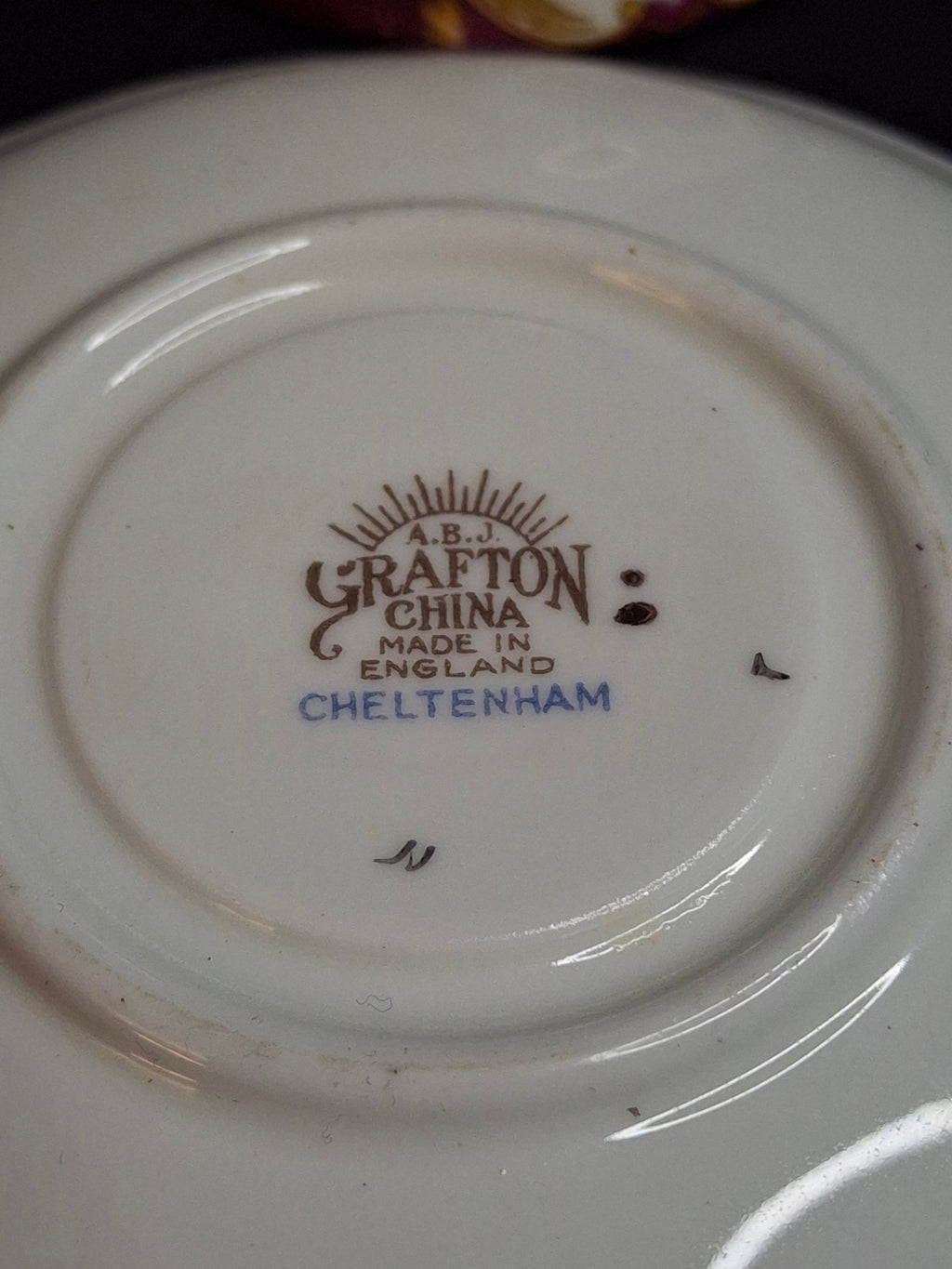 Vintage ABJ Grafton China Tea Cup Saucer Set Cheltenham Pattern Burgundy Gold Floral c. 1935-1948