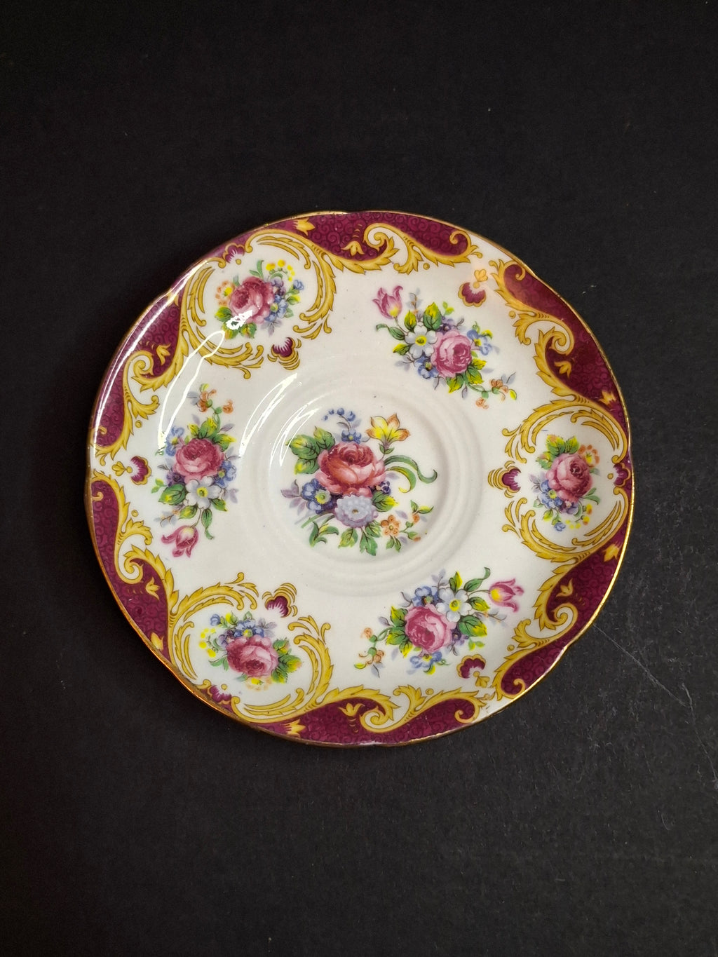 Vintage ABJ Grafton China Tea Cup Saucer Set Cheltenham Pattern Burgundy Gold Floral c. 1935-1948