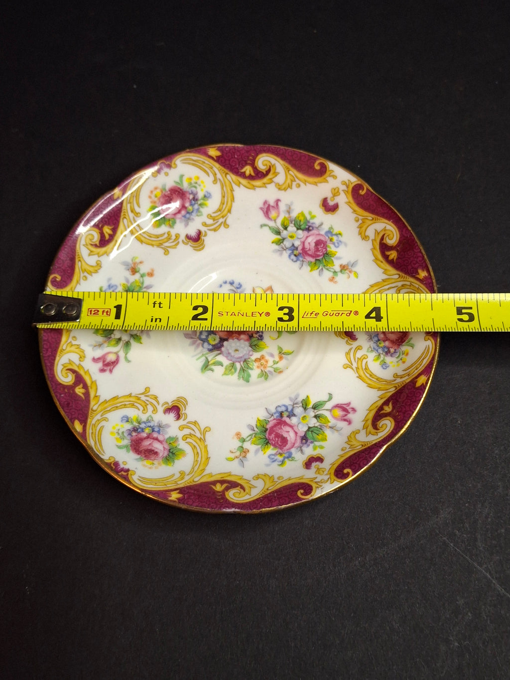 Vintage ABJ Grafton China Tea Cup Saucer Set Cheltenham Pattern Burgundy Gold Floral c. 1935-1948