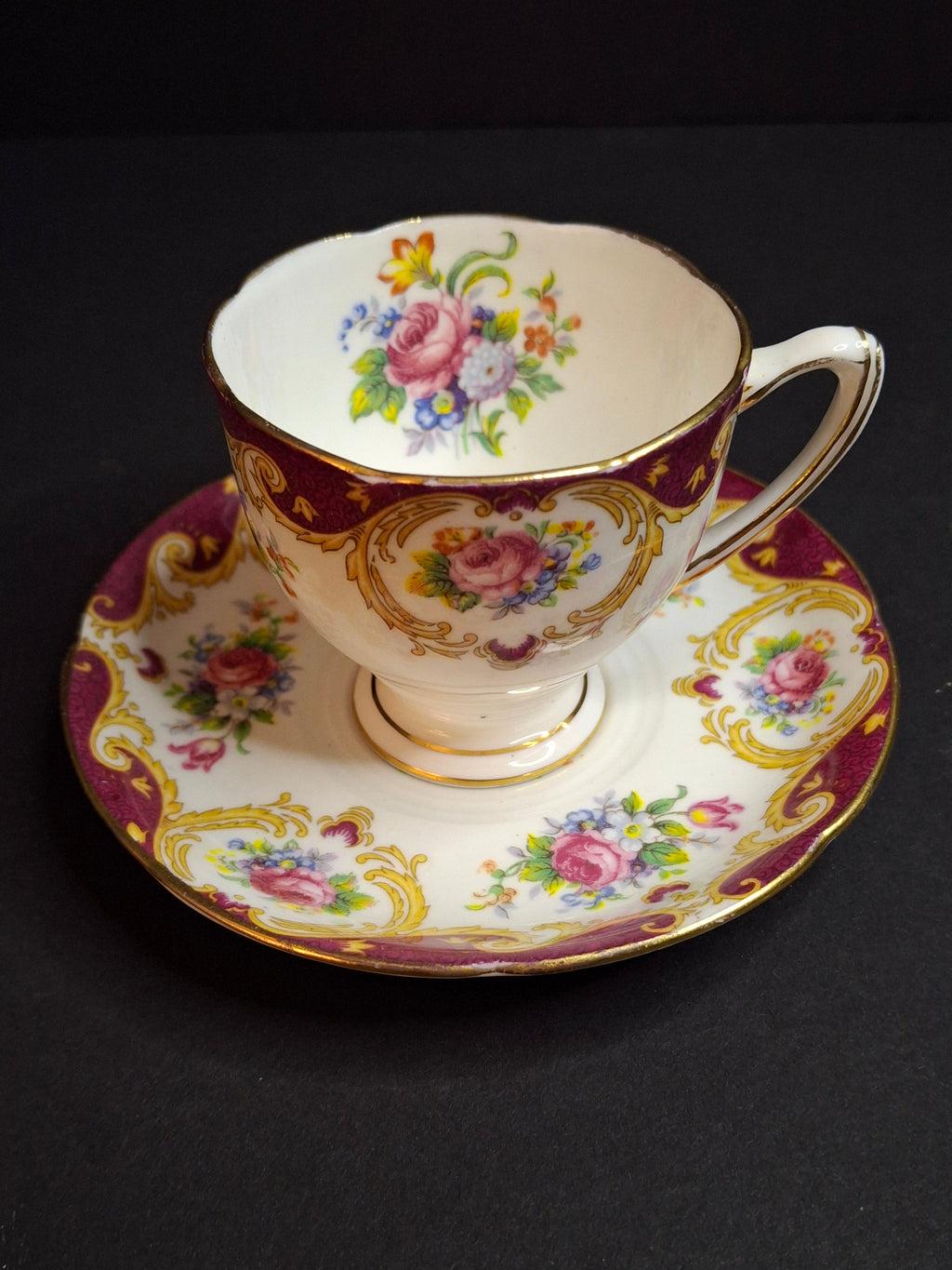 Vintage ABJ Grafton China Tea Cup Saucer Set Cheltenham Pattern Burgundy Gold Floral c. 1935-1948