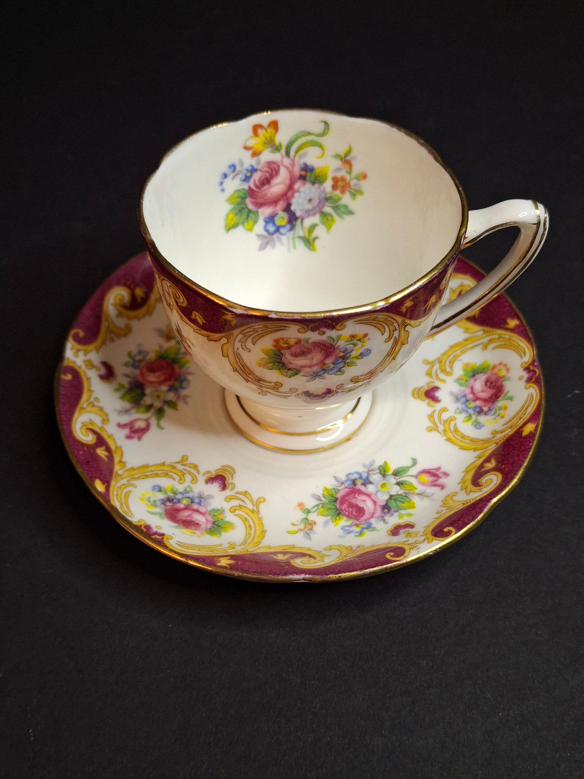 Vintage ABJ Grafton China Tea Cup Saucer Set Cheltenham Pattern Burgundy Gold Floral c. 1935-1948