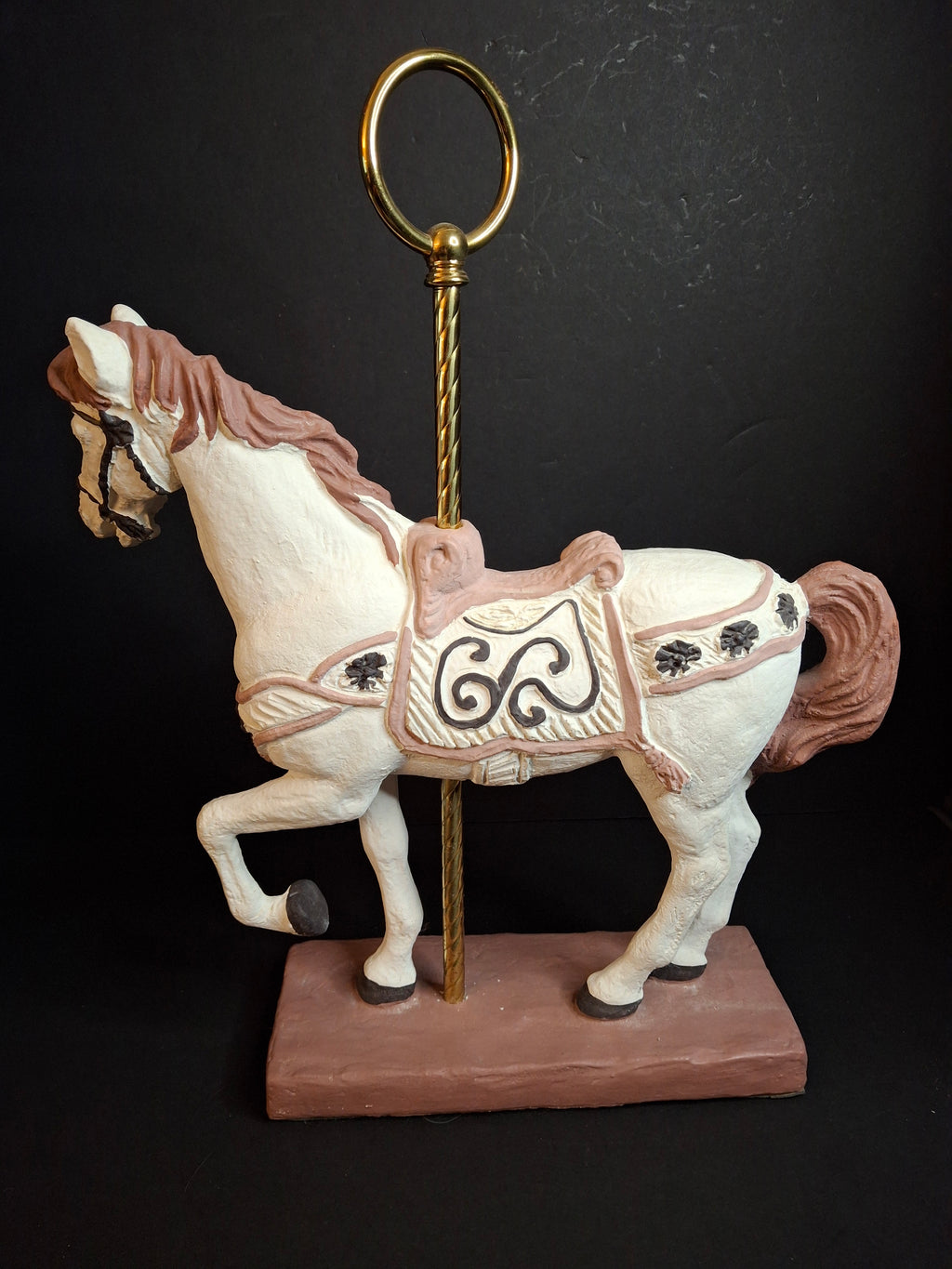 Vintage 1983 Austin Sculpture Carousel Horse Durastone Statue Brass Pole Ring Base 15"