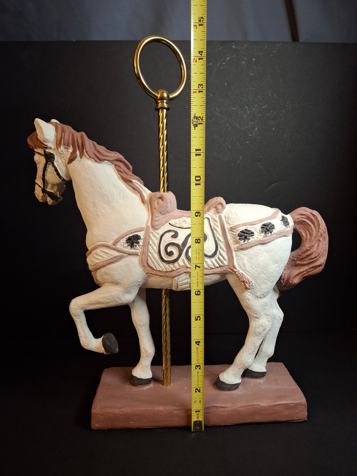 Vintage 1983 Austin Sculpture Carousel Horse Durastone Statue Brass Pole Ring Base 15"