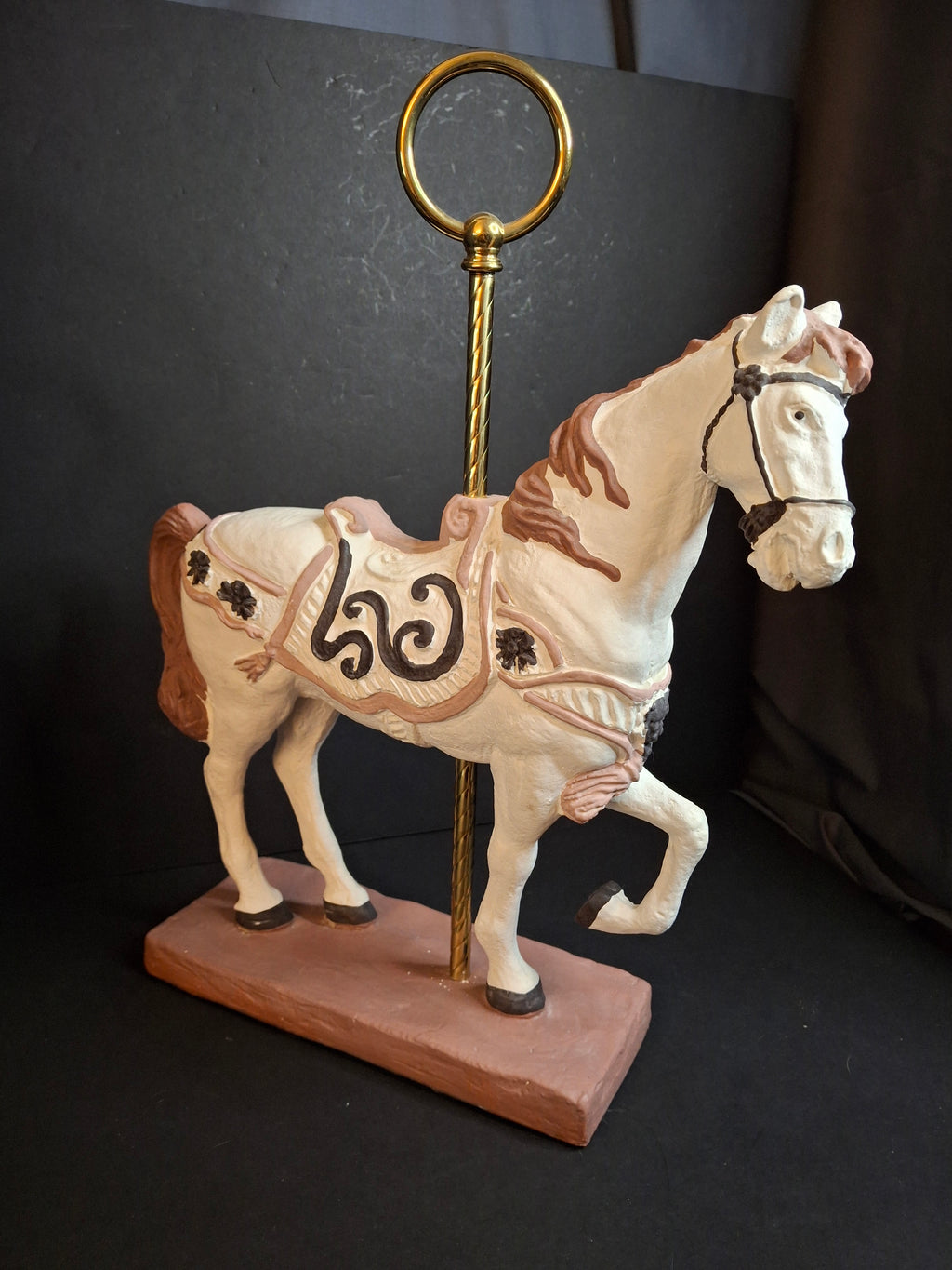 Vintage 1983 Austin Sculpture Carousel Horse Durastone Statue Brass Pole Ring Base 15"