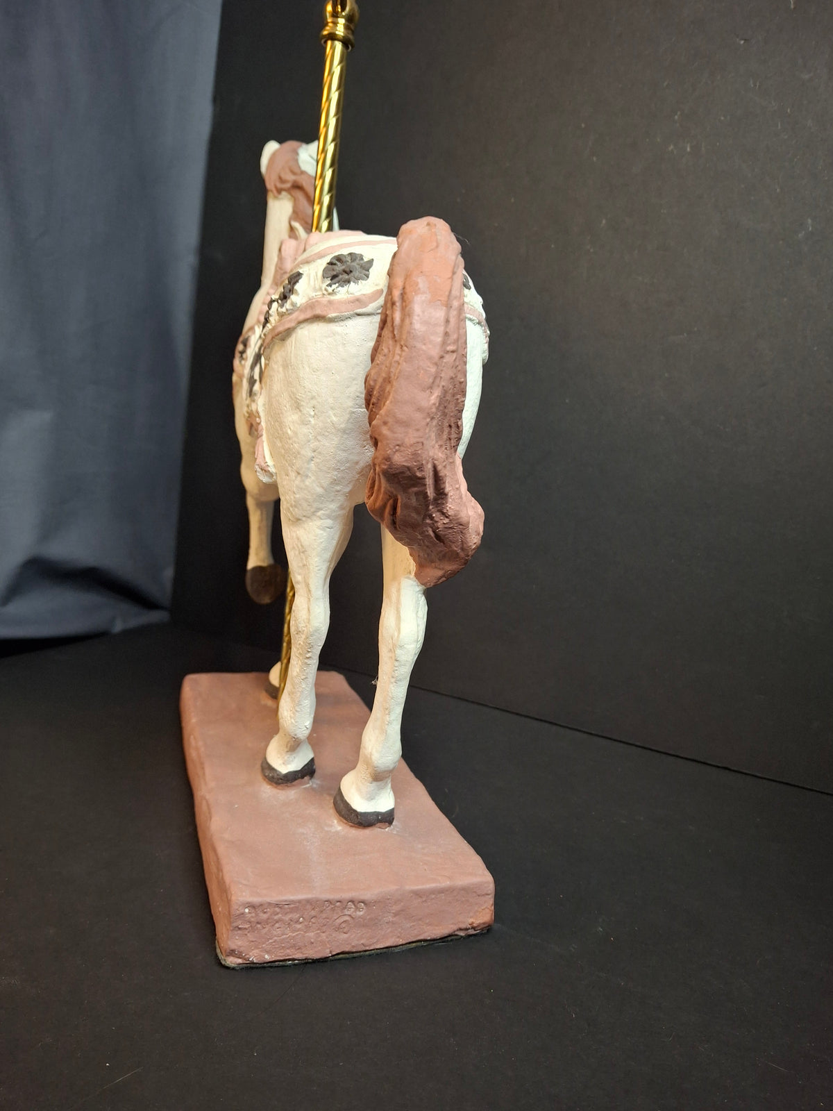 Vintage 1983 Austin Sculpture Carousel Horse Durastone Statue Brass Pole Ring Base 15"