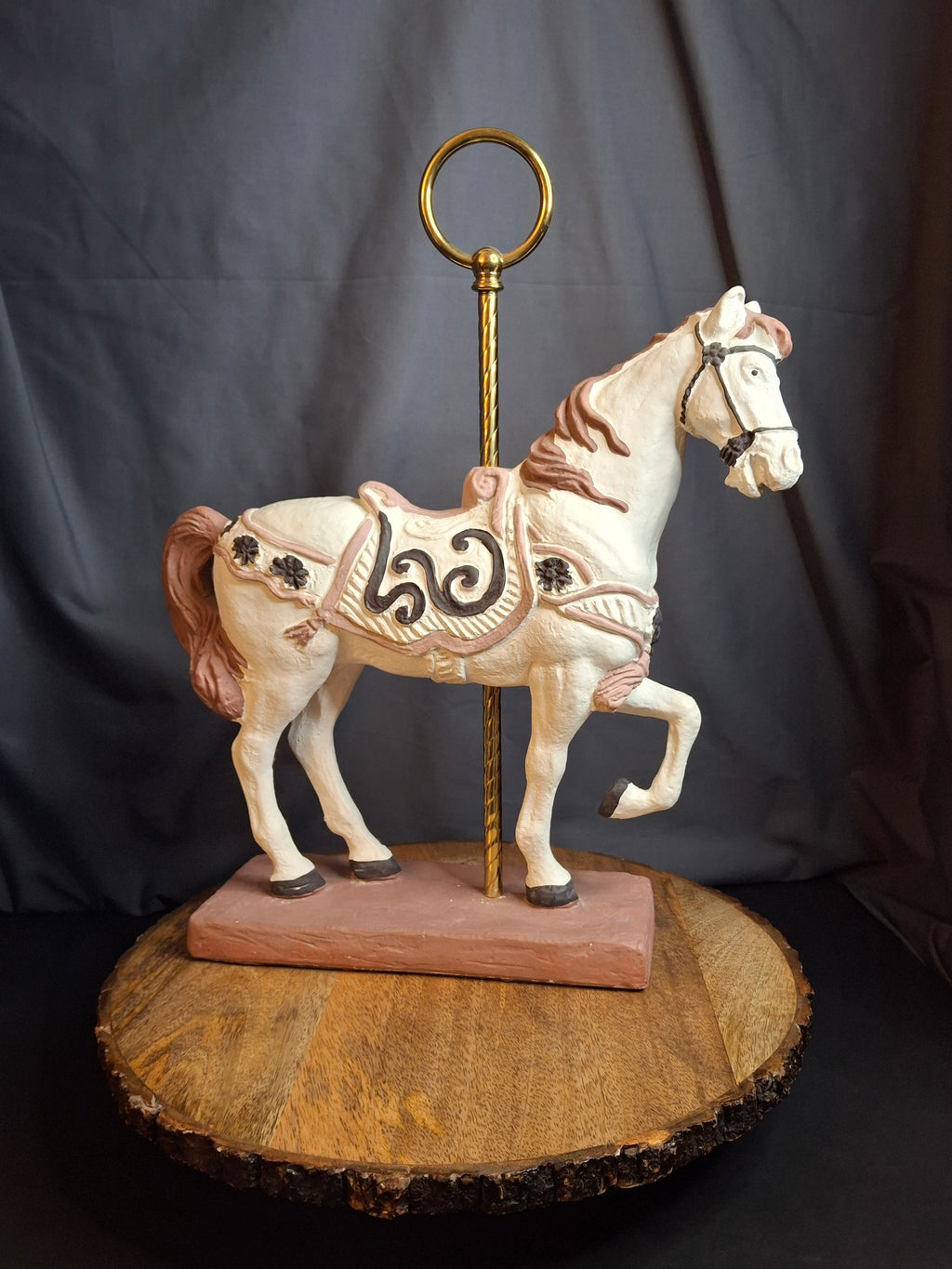 Vintage 1983 Austin Sculpture Carousel Horse Durastone Statue Brass Pole Ring Base 15"